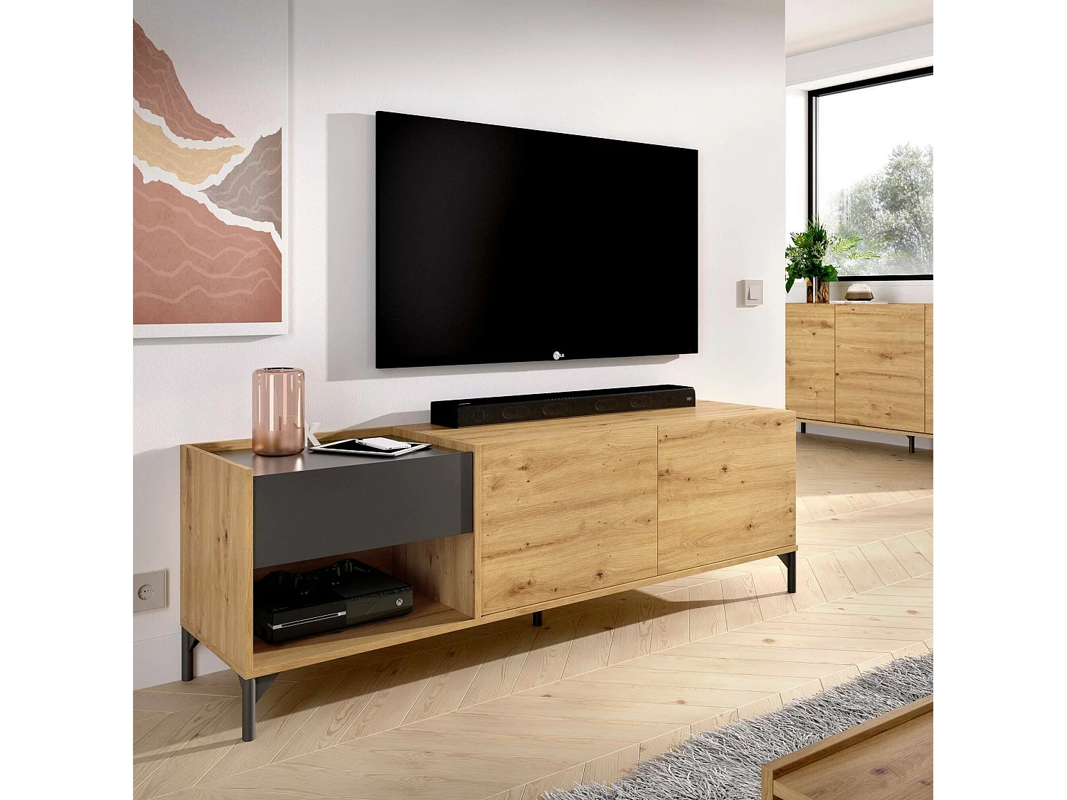 TV-Ständer Dpandu, niedriges Sideboard für Wohnzimmer, Sideboard für Wohnzimmer für Fernseher, 164 x 39 x 49 cm, Eiche Nodes und Anthrazit