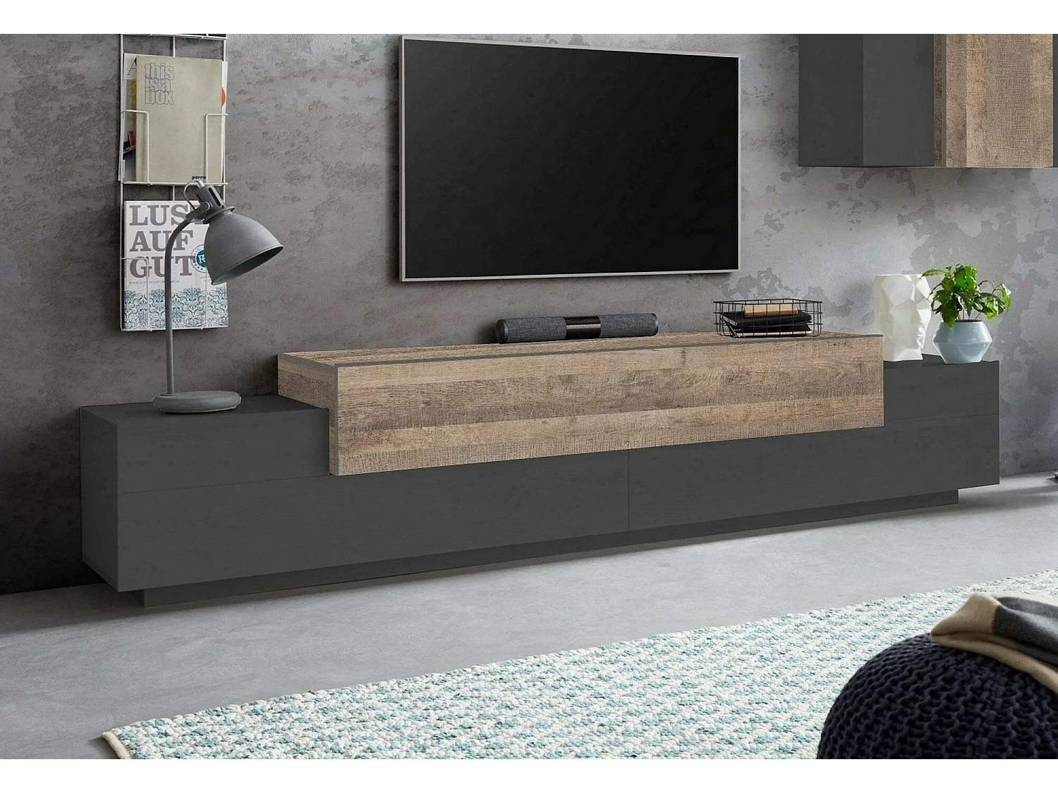 Meuble TV Dlamann, Buffet bas de salon, Base pour meuble TV, 100% Made in Italy, 240x45h52 cm, Anthracite et Érable
