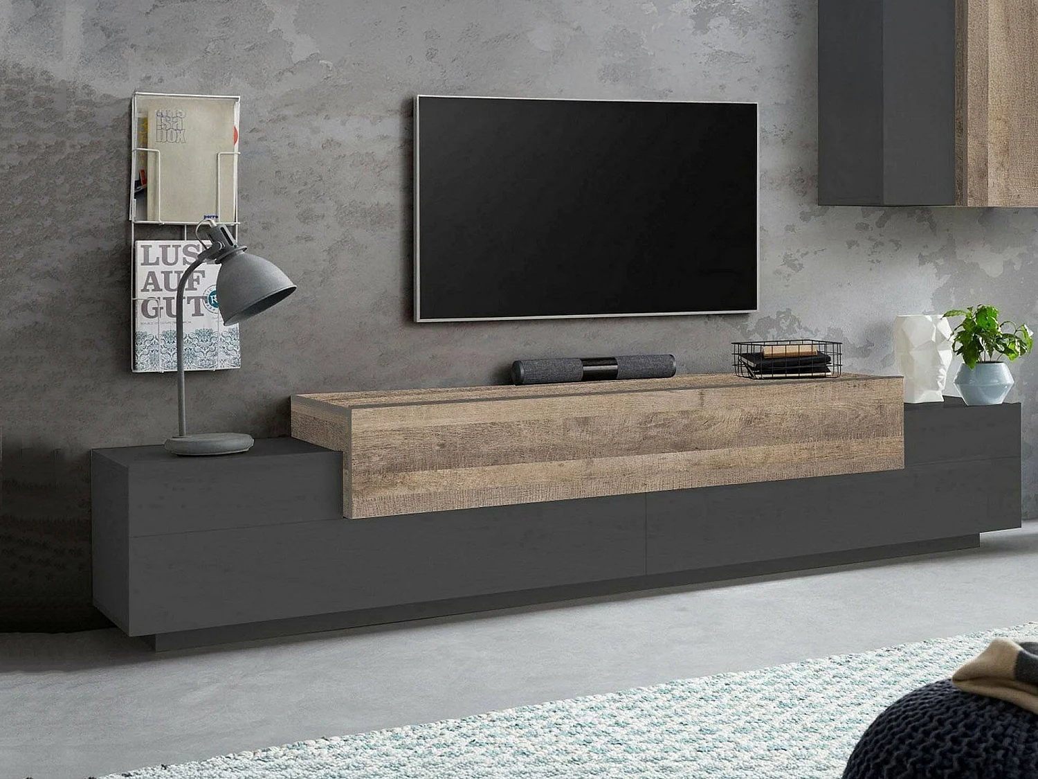 Meuble TV Dlamann, Buffet bas de salon, Base pour meuble TV, 100% Made in Italy, 240x45h52 cm, Anthracite et Érable