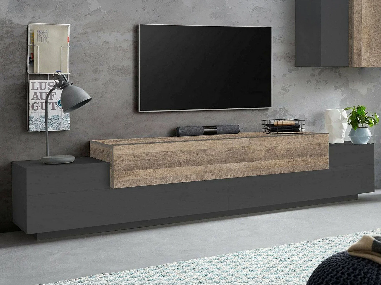 Dlamann TV-meubel, Laag woonkamerdressoir, TV-meubelbasis, 100% Made in Italy, 240x45h52 cm, Antraciet en Esdoorn