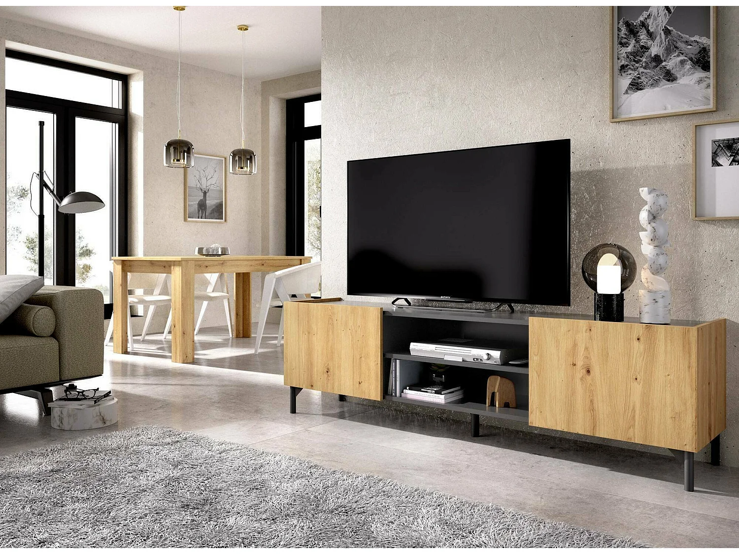 Meuble TV Emet, Buffet bas de salon, Buffet de salon pour télévision, 161x35h45 cm, Chêne noué et Anthracite