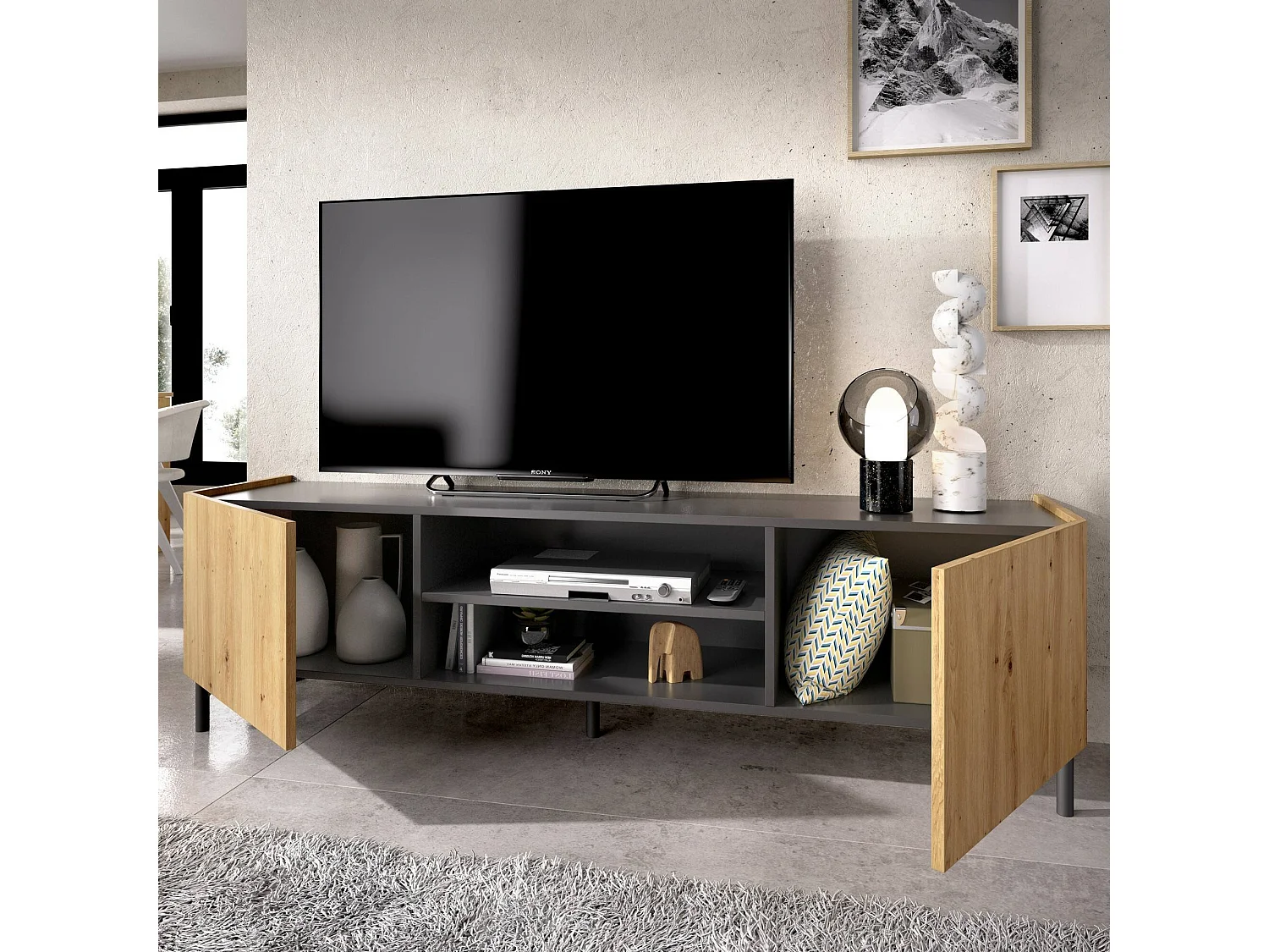 Meuble TV Emet, Buffet bas de salon, Buffet de salon pour télévision, 161x35h45 cm, Chêne noué et Anthracite