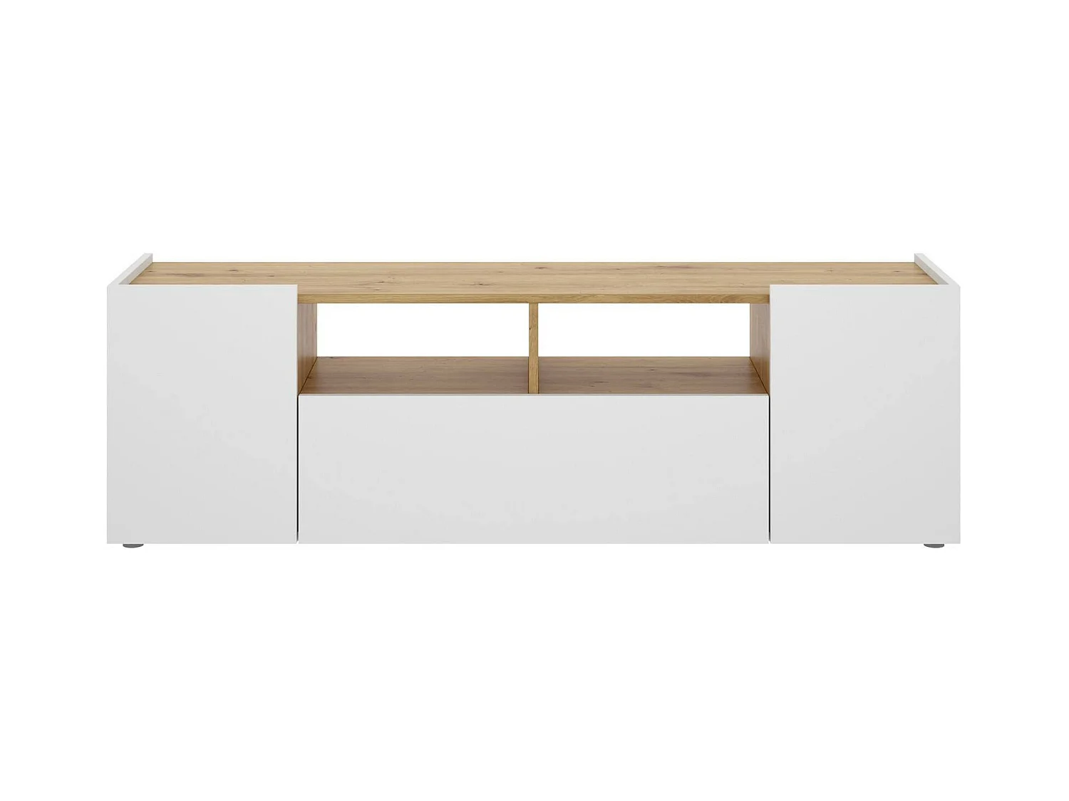 Meuble TV Etna, Buffet bas de salon, Buffet de salon pour télévision, 142x35h44 cm, Blanc et Chêne Noeud