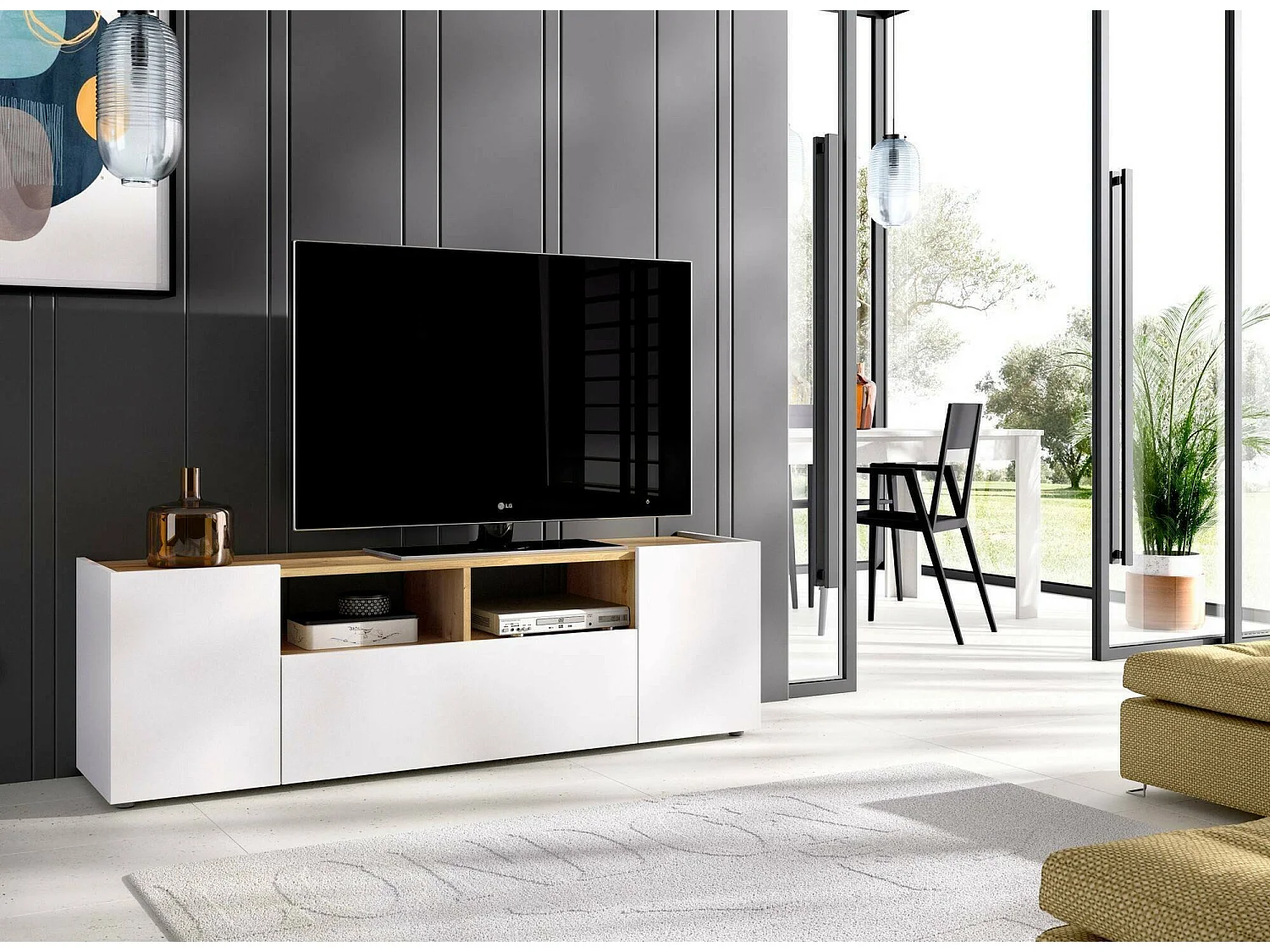 Mueble TV Etna, Aparador bajo para salón, Aparador TV para salón, 142x35h44 cm, Blanco y Roble Nodi
