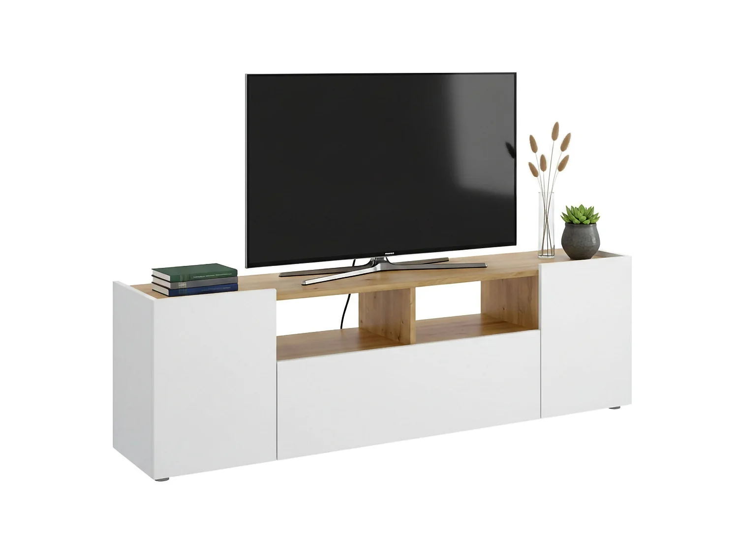 Mueble TV Etna, Aparador bajo para salón, Aparador TV para salón, 142x35h44 cm, Blanco y Roble Nodi