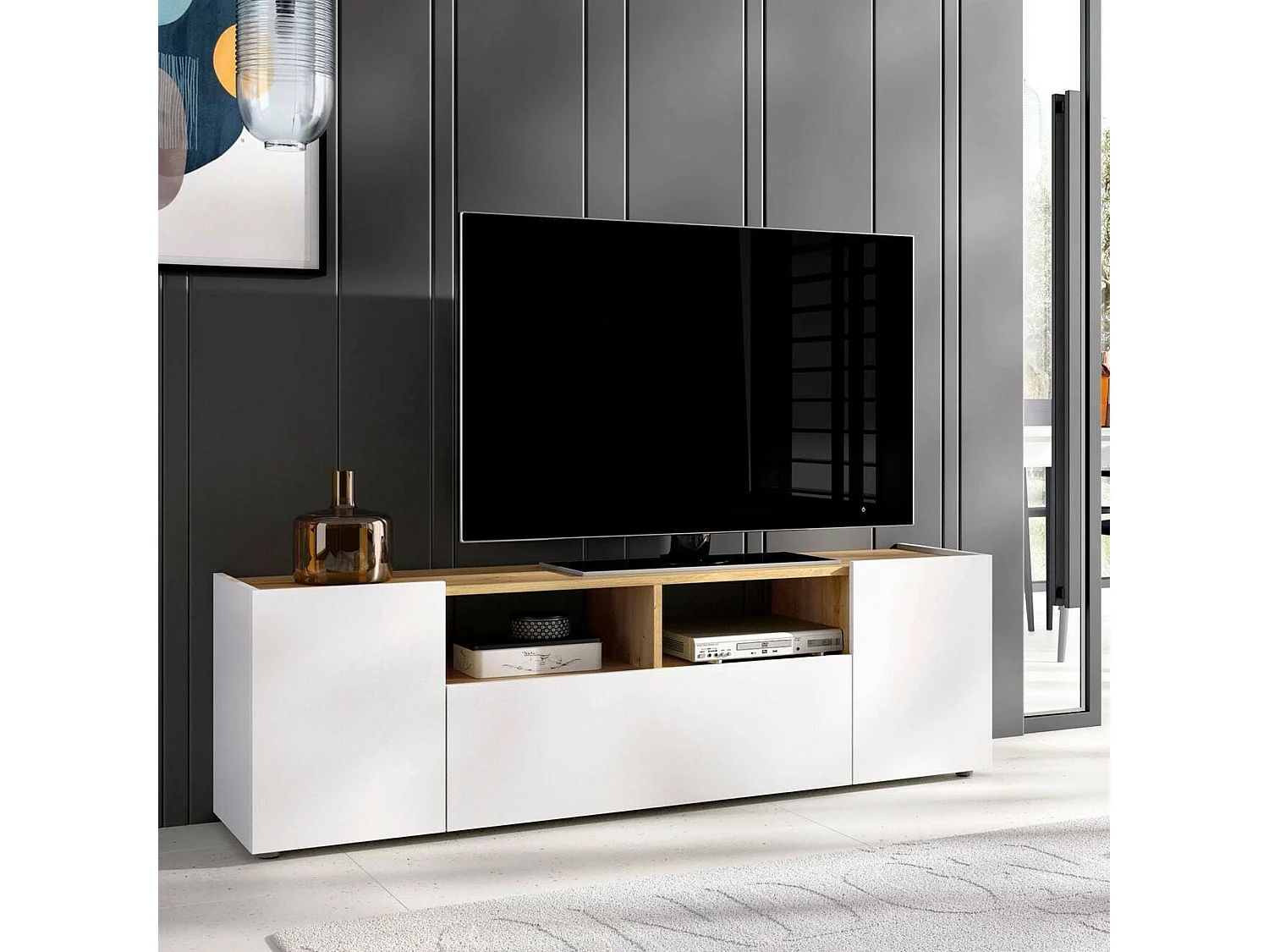 Mueble TV Etna, Aparador bajo para salón, Aparador TV para salón, 142x35h44 cm, Blanco y Roble Nodi