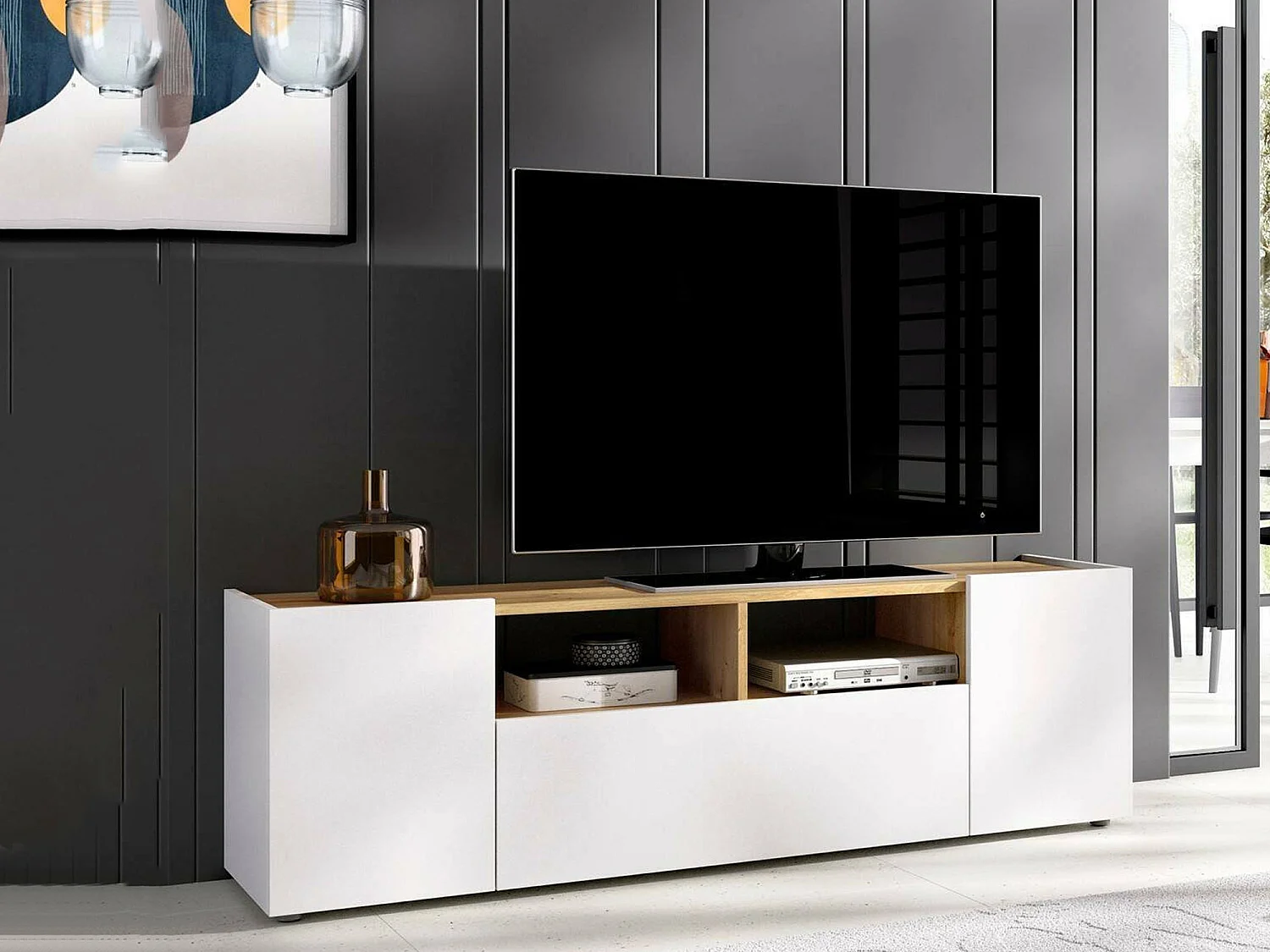 Móvel de TV Etna, Aparador baixo da sala, Aparador da sala para televisão, 142x35h44 cm, Branco e Carvalho Nó