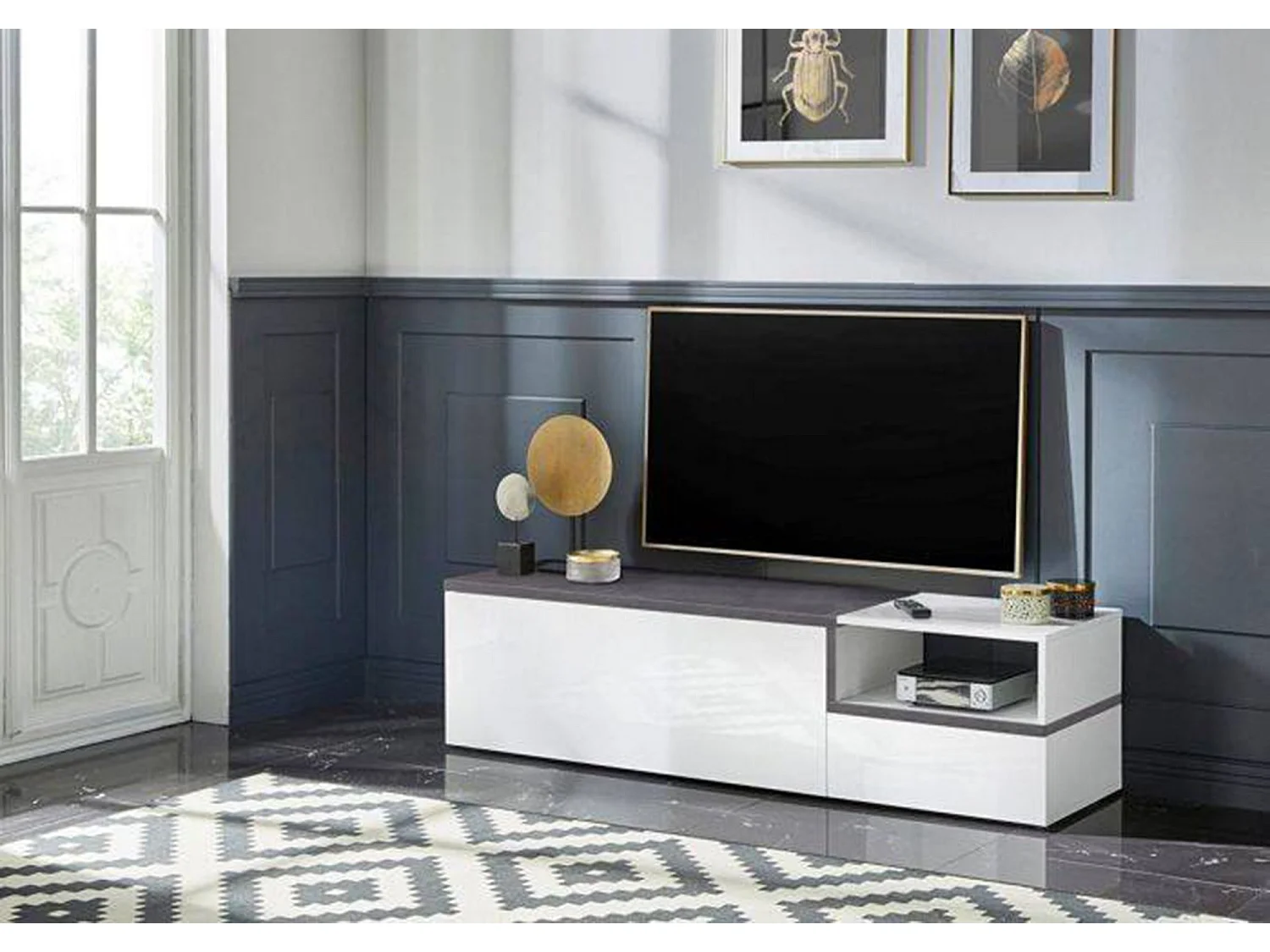 Meuble TV Dgal, Buffet bas de salon avec 2 portes, Base pour meuble TV, 100% Made in Italy, 160x40h46 cm, Blanc brillant et ardoise