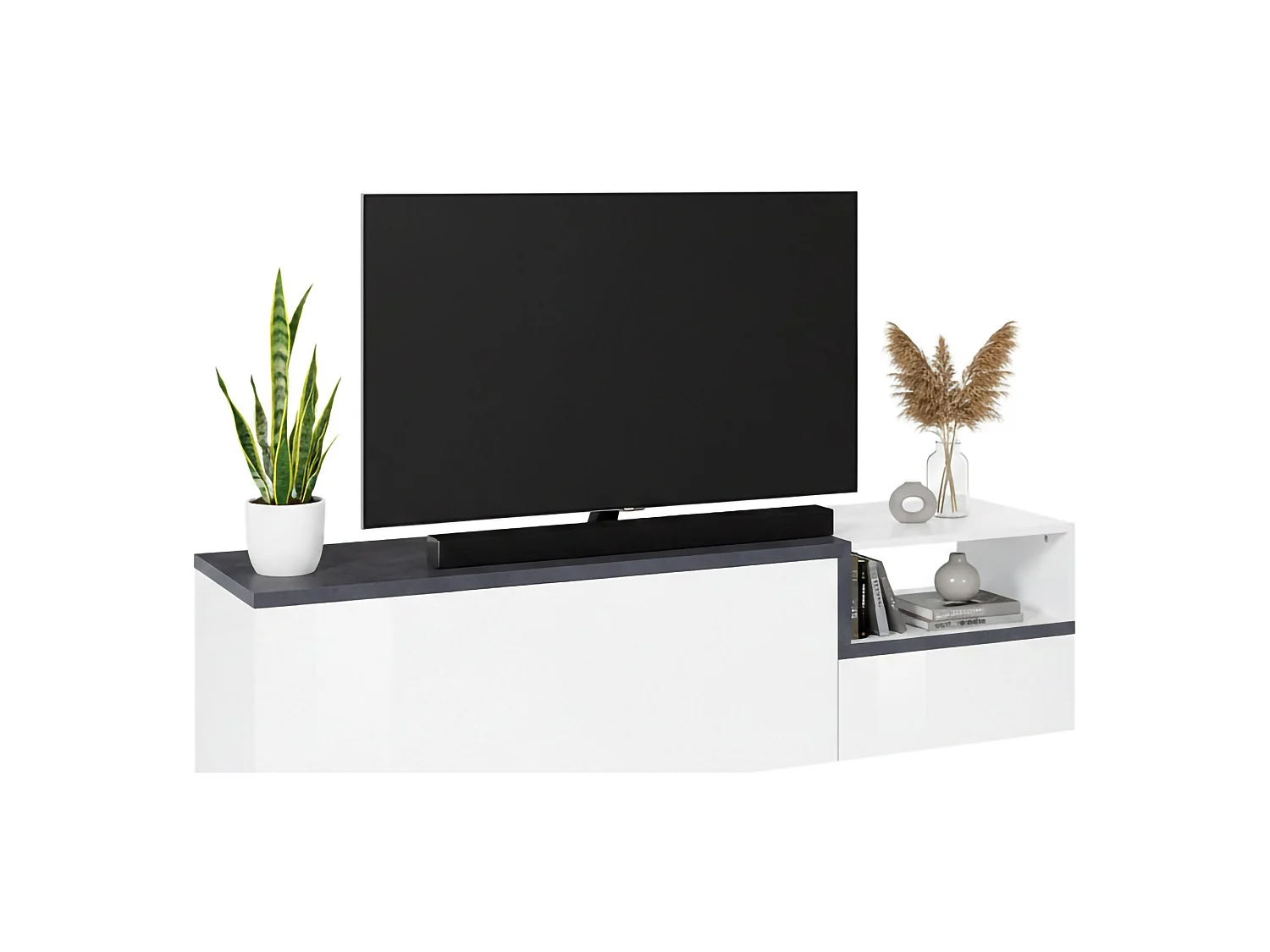Meuble TV Dgal, Buffet bas de salon avec 2 portes, Base pour meuble TV, 100% Made in Italy, 160x40h46 cm, Blanc brillant et ardoise