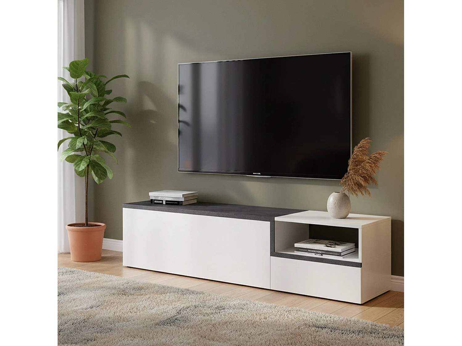 Meuble TV Dgal, Buffet bas de salon avec 2 portes, Base pour meuble TV, 100% Made in Italy, 160x40h46 cm, Blanc brillant et ardoise