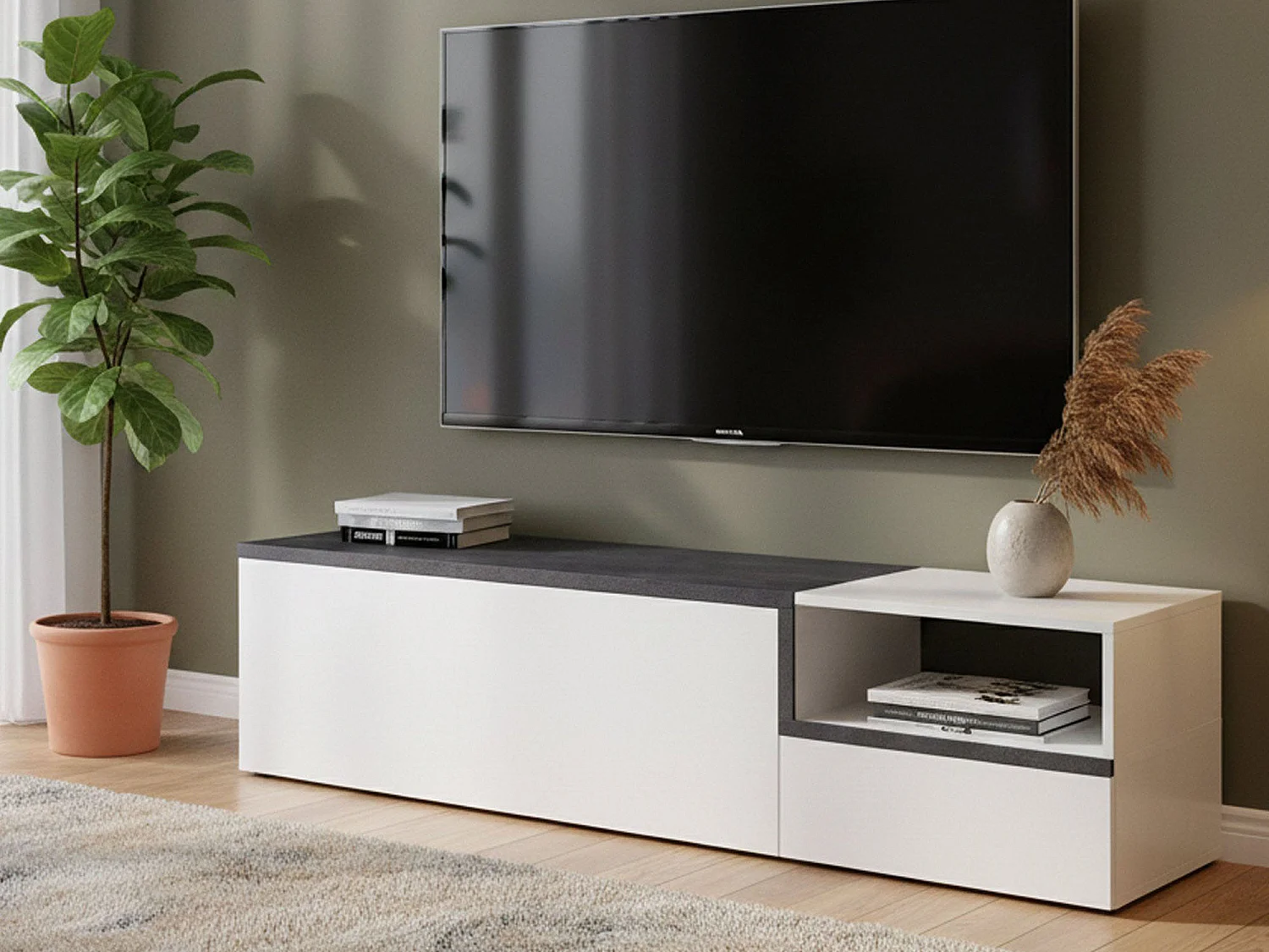 Fernsehschrank Dgal, Niedriges Sideboard für Wohnzimmer mit 2 Türen, Sockel für TV-Möbel, 100 % Made in Italy, cm 160x40h46, WeiÃŸ glänzend und Schiefer