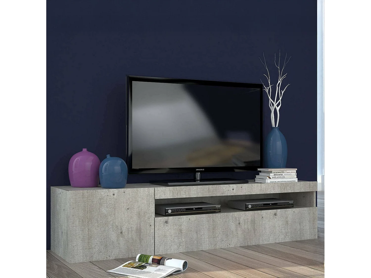 Dmangoni TV-meubel, Laag woonkamerdressoir met 2 deuren, TV-meubelbasis, 100% Made in Italy, 150x40h37 cm, Cement