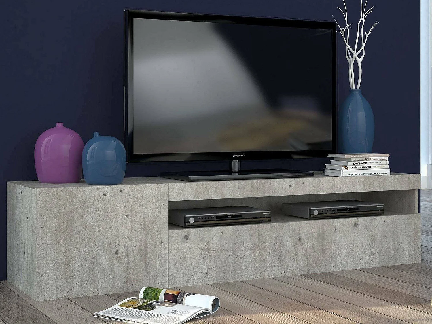 Dmangoni TV-meubel, Laag woonkamerdressoir met 2 deuren, TV-meubelbasis, 100% Made in Italy, 150x40h37 cm, Cement