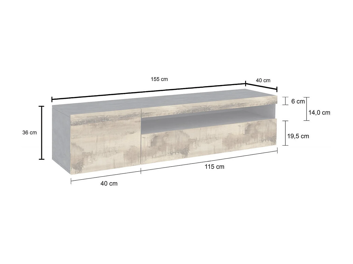 Fernsehschrank Dbele, Niedriges Sideboard für Wohnzimmer, Sockel für TV-Möbel, 100 % Made in Italy, cm 150x40h37, Schiefer und Ahorn, mit LED-Licht