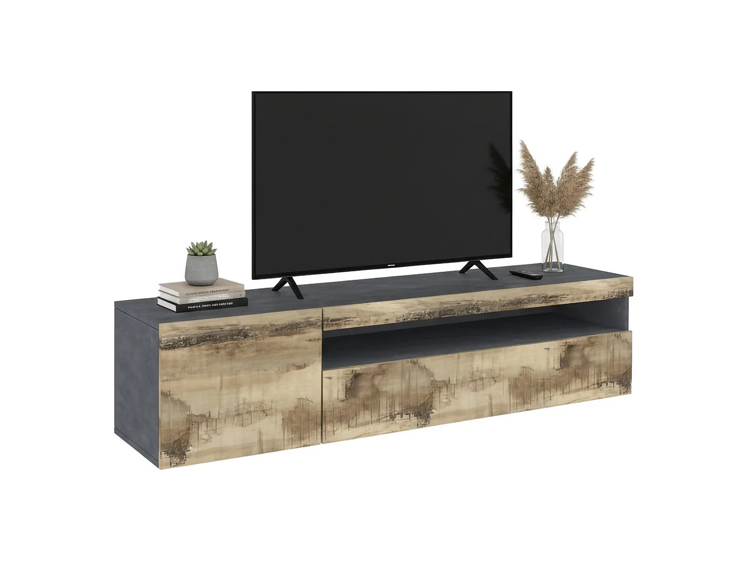 Móvel de TV Dbele, Aparador baixo de sala, base de móvel de TV, 100% Fabricado em Itália, 150x40h37 cm, Ardósia e Bordo, com luz LED