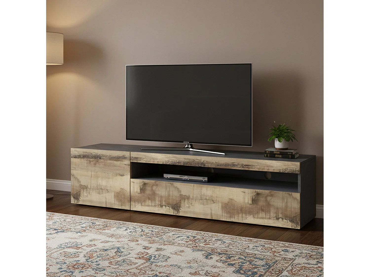 Móvel de TV Dbele, Aparador baixo de sala, base de móvel de TV, 100% Fabricado em Itália, 150x40h37 cm, Ardósia e Bordo, com luz LED