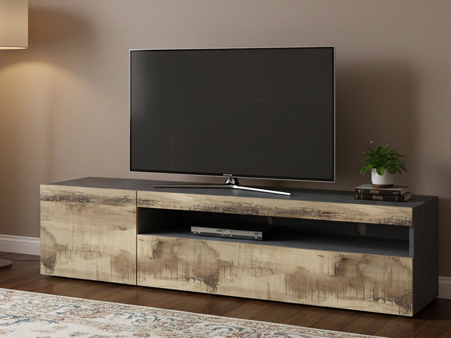 Móvel de TV Dbele, Aparador baixo de sala, base de móvel de TV, 100% Fabricado em Itália, 150x40h37 cm, Ardósia e Bordo, com luz LED