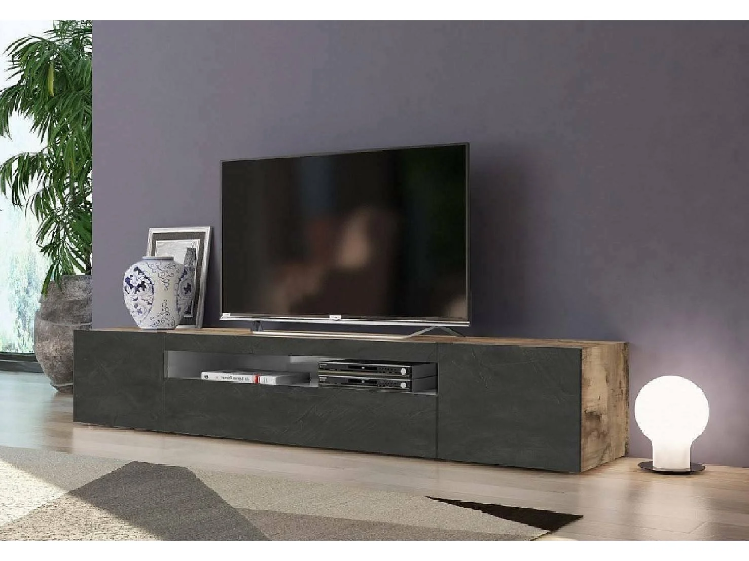 Meuble TV Dafrim, Buffet bas de salon avec 3 portes, Base pour meuble TV, 100% Made in Italy, 200x40h37 cm, Érable et Ardoise