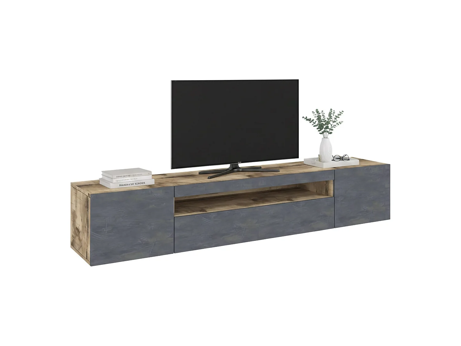 Meuble TV Dafrim, Buffet bas de salon avec 3 portes, Base pour meuble TV, 100% Made in Italy, 200x40h37 cm, Érable et Ardoise