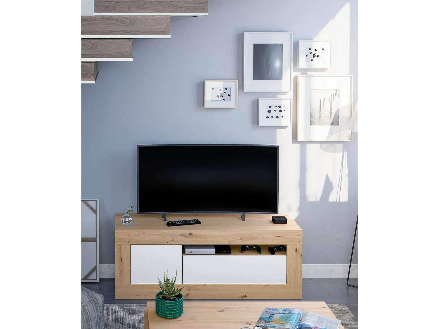 Móvel TV Dfusc, Aparador para televisão da sala, Móvel TV 2 portas, 139x42h53 cm, Carvalho atado e Branco