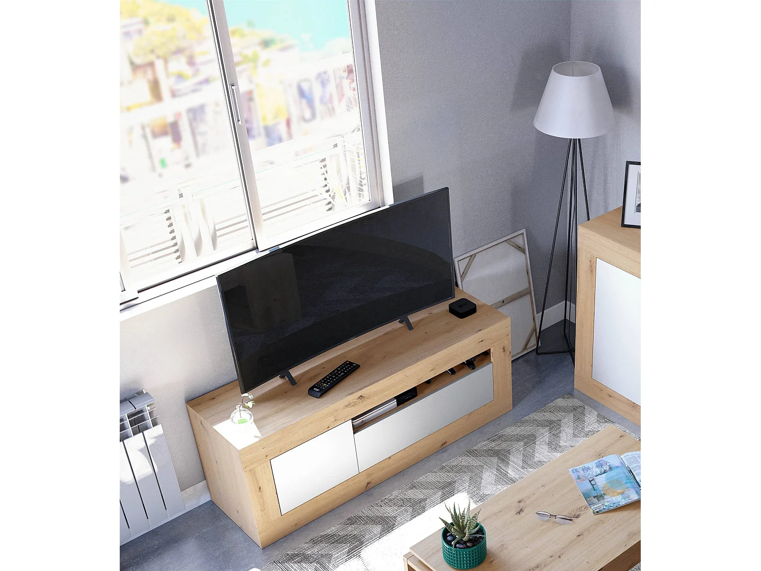 Móvel TV Dfusc, Aparador para televisão da sala, Móvel TV 2 portas, 139x42h53 cm, Carvalho atado e Branco