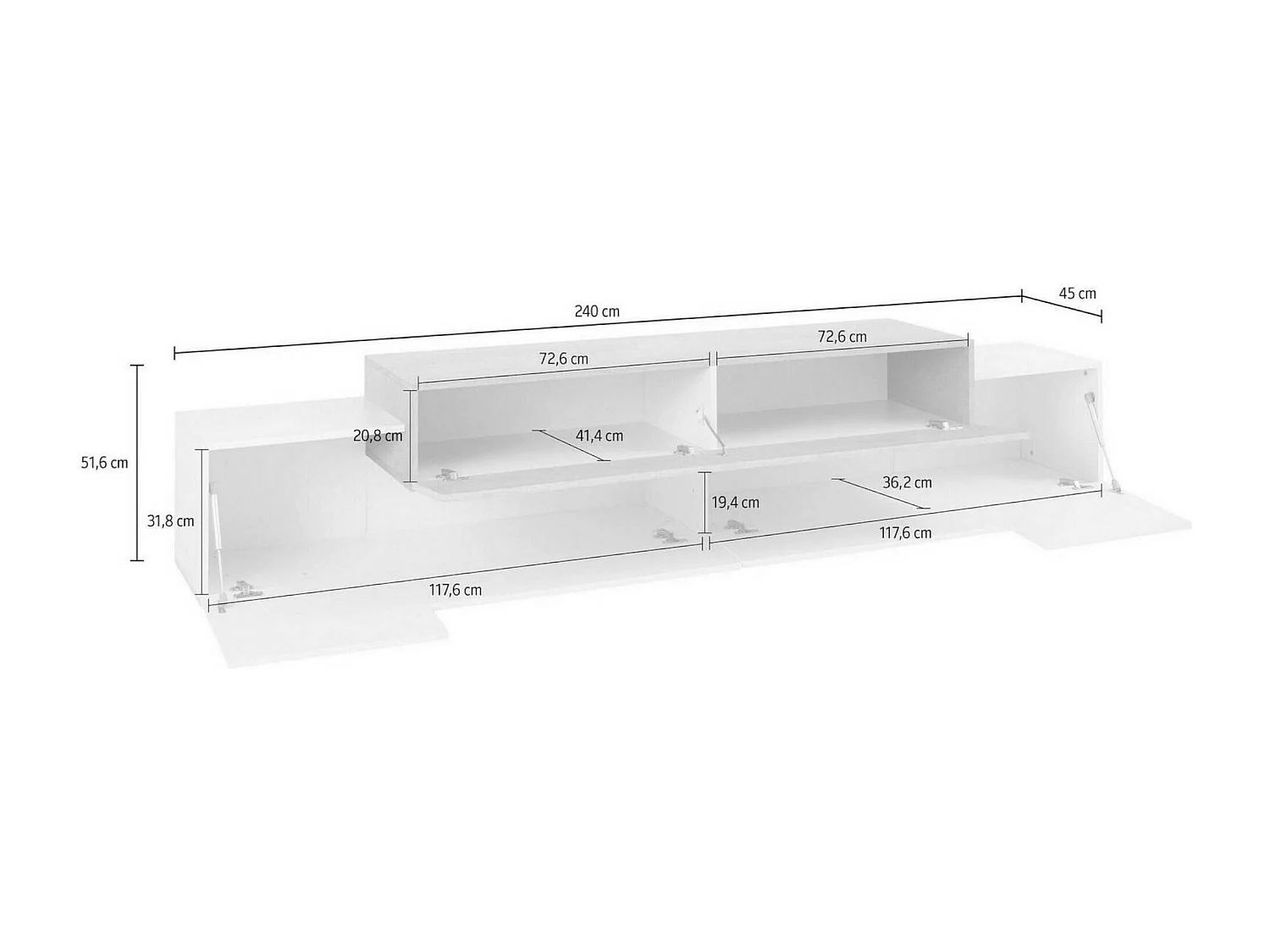 Móvel de TV Nico, aparador baixo da sala, base de móvel de TV, 100% Fabricado na Itália, 240x45h52 cm, Branco brilhante