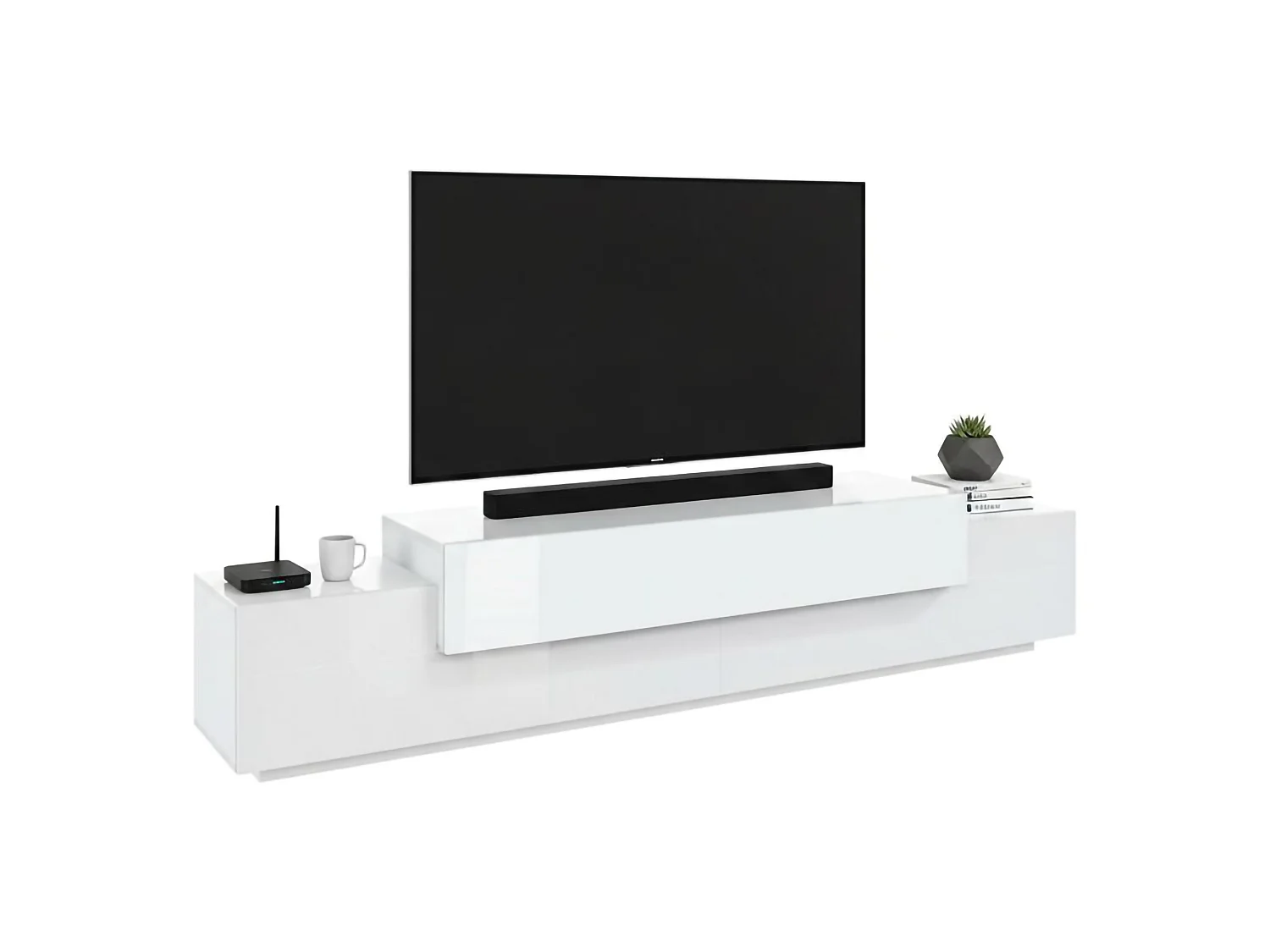 Dmora Mobile Porta tv Nico 45x240x52h cm Bianco Lucido 3 Ripiani Apertura a Ribalta, 4 Vani Made in Italy