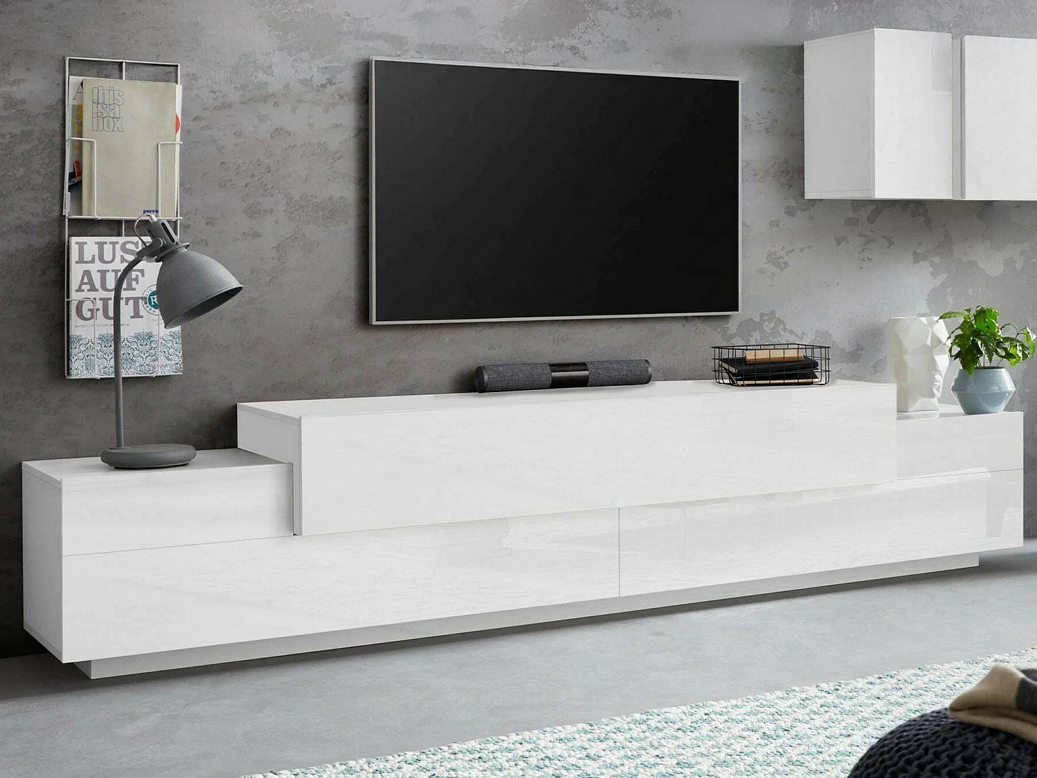 Dmora Mobile Porta tv Nico 45x240x52h cm Bianco Lucido 3 Ripiani Apertura a Ribalta, 4 Vani Made in Italy