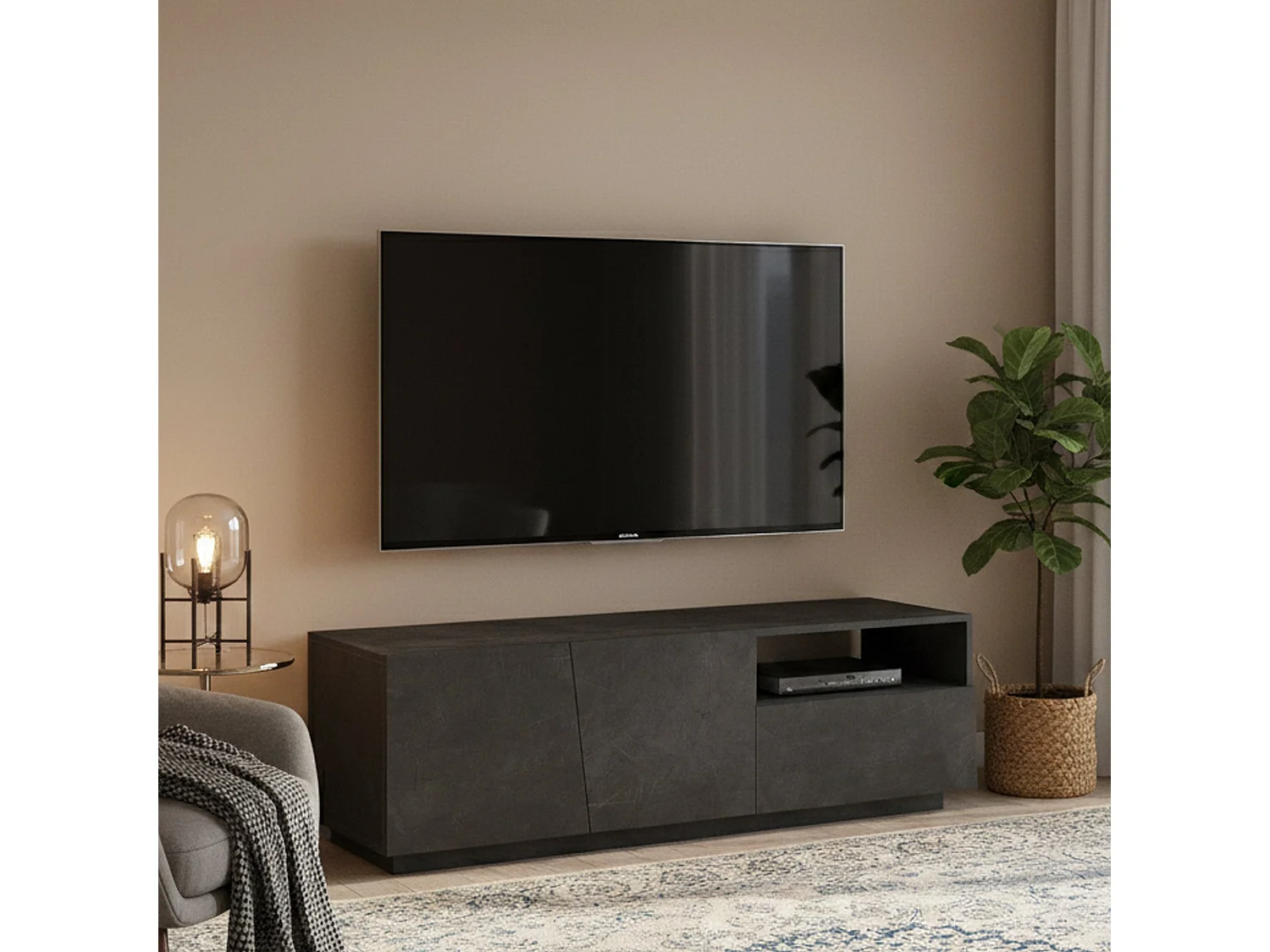 Mueble de televisión Dlandon, Aparador bajo para salón con 2 puertas, base soporte TV, 100% Made in Italy, cm 150x43h46, Pizarra