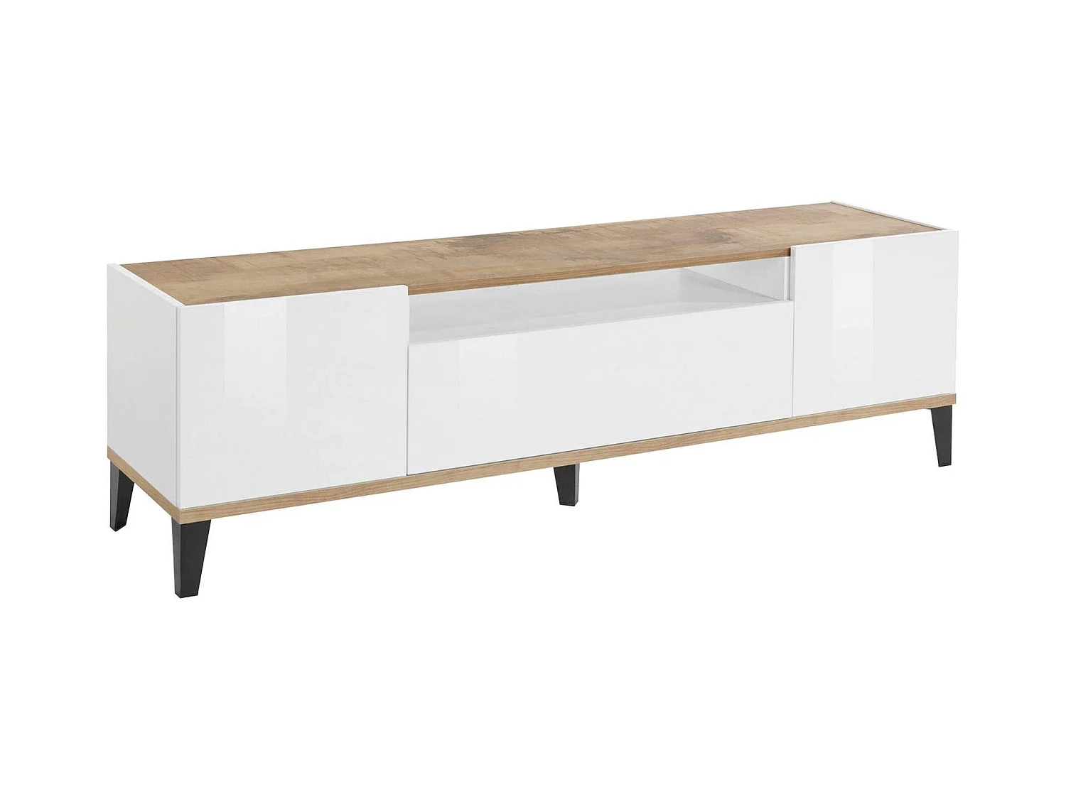 Meuble TV Dfigol, Buffet bas de salon avec 2 portes, Base pour meuble TV, 100% Made in Italy, 160x40h47 cm, Blanc brillant et érable