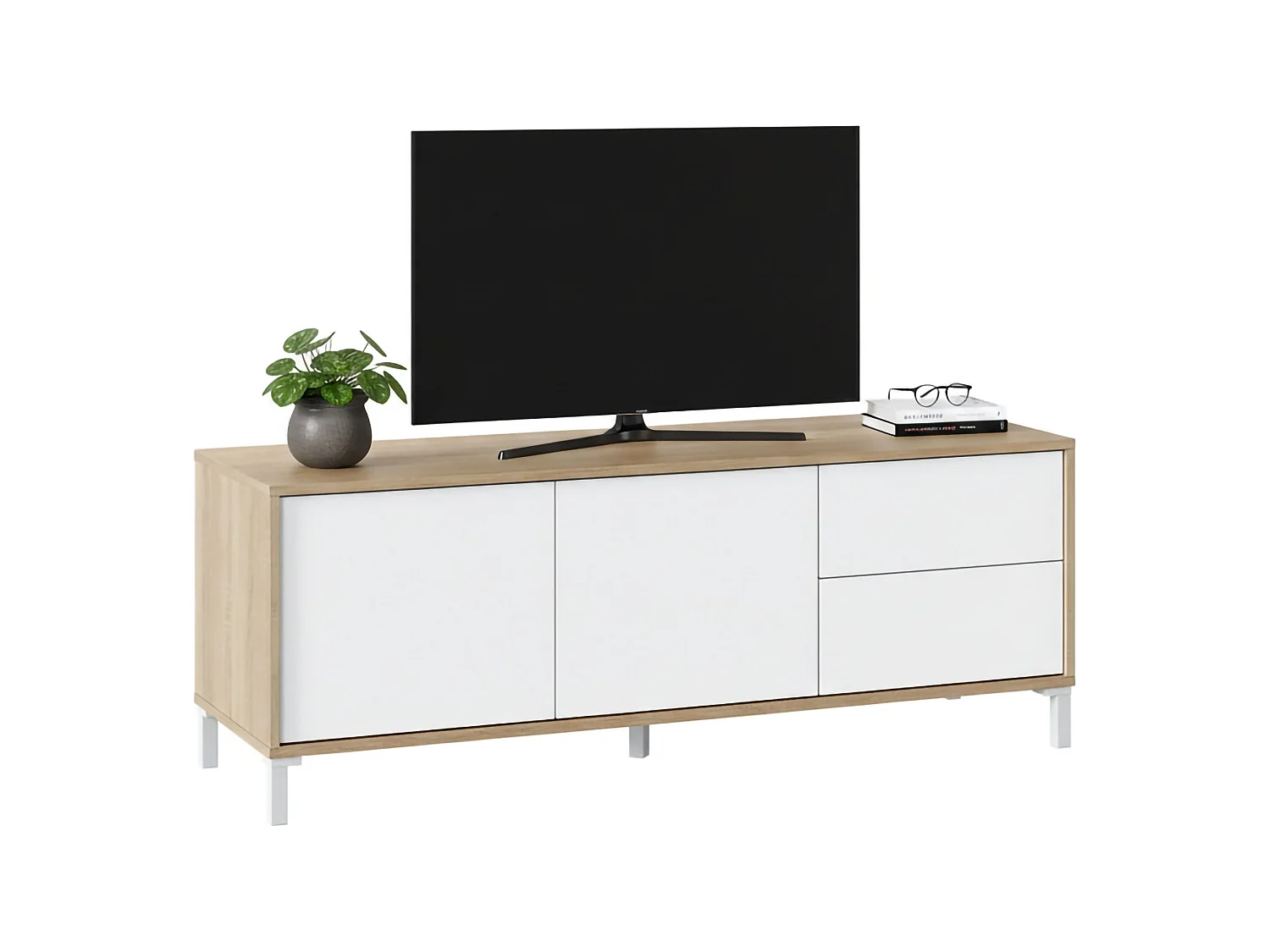 Meuble TV Dayha, Buffet pour télévision avec 2 portes, Meuble TV de salon, Meuble TV, Buffet pour salon, 130x41h47 cm, Chêne et Blanc