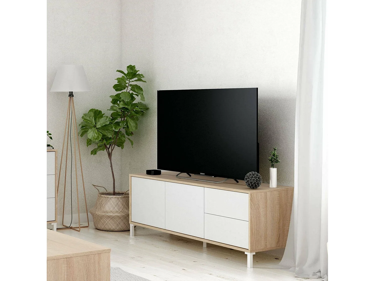 Meuble TV Dayha, Buffet pour télévision avec 2 portes, Meuble TV de salon, Meuble TV, Buffet pour salon, 130x41h47 cm, Chêne et Blanc