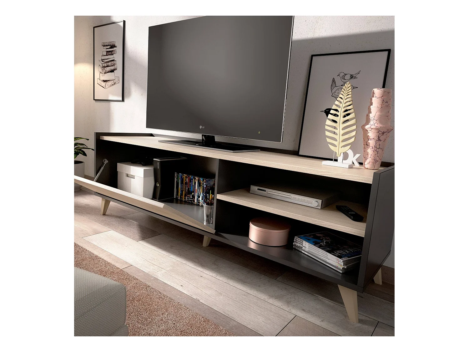 Meuble TV Asinara, Buffet bas de salon, Buffet de salon pour télévision, 155x43h47 cm, Chêne et Anthracite