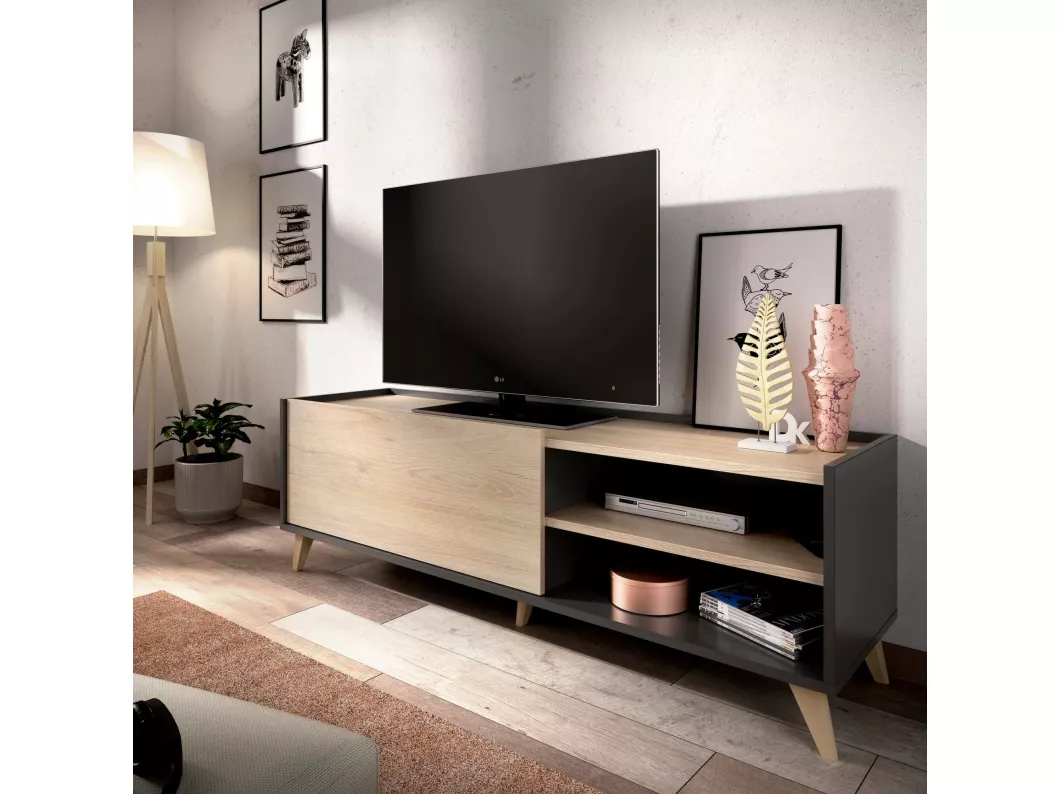 Kauf Unique TV-Schrank Asinara, niedriges Sideboard für Wohnzimmer, TV-Sideboard für Wohnzimmer, 155 x 43 x 47 cm, Eiche und Anthrazit