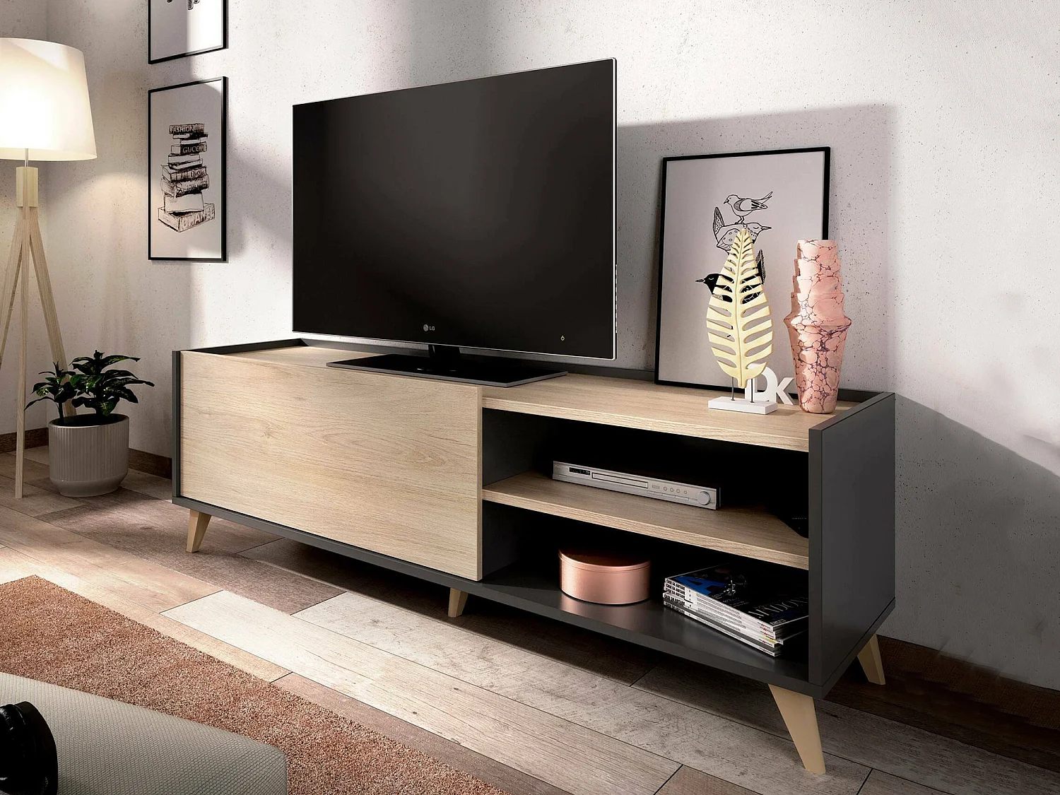 Meuble TV Asinara, Buffet bas de salon, Buffet de salon pour télévision, 155x43h47 cm, Chêne et Anthracite