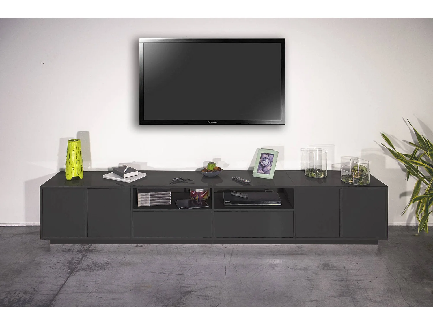 Fernsehschrank Dleott, Niedriges Sideboard für Wohnzimmer, Sockel für TV-Möbel, 100 % Made in Italy, cm 260x41h46, Anthrazit glänzend
