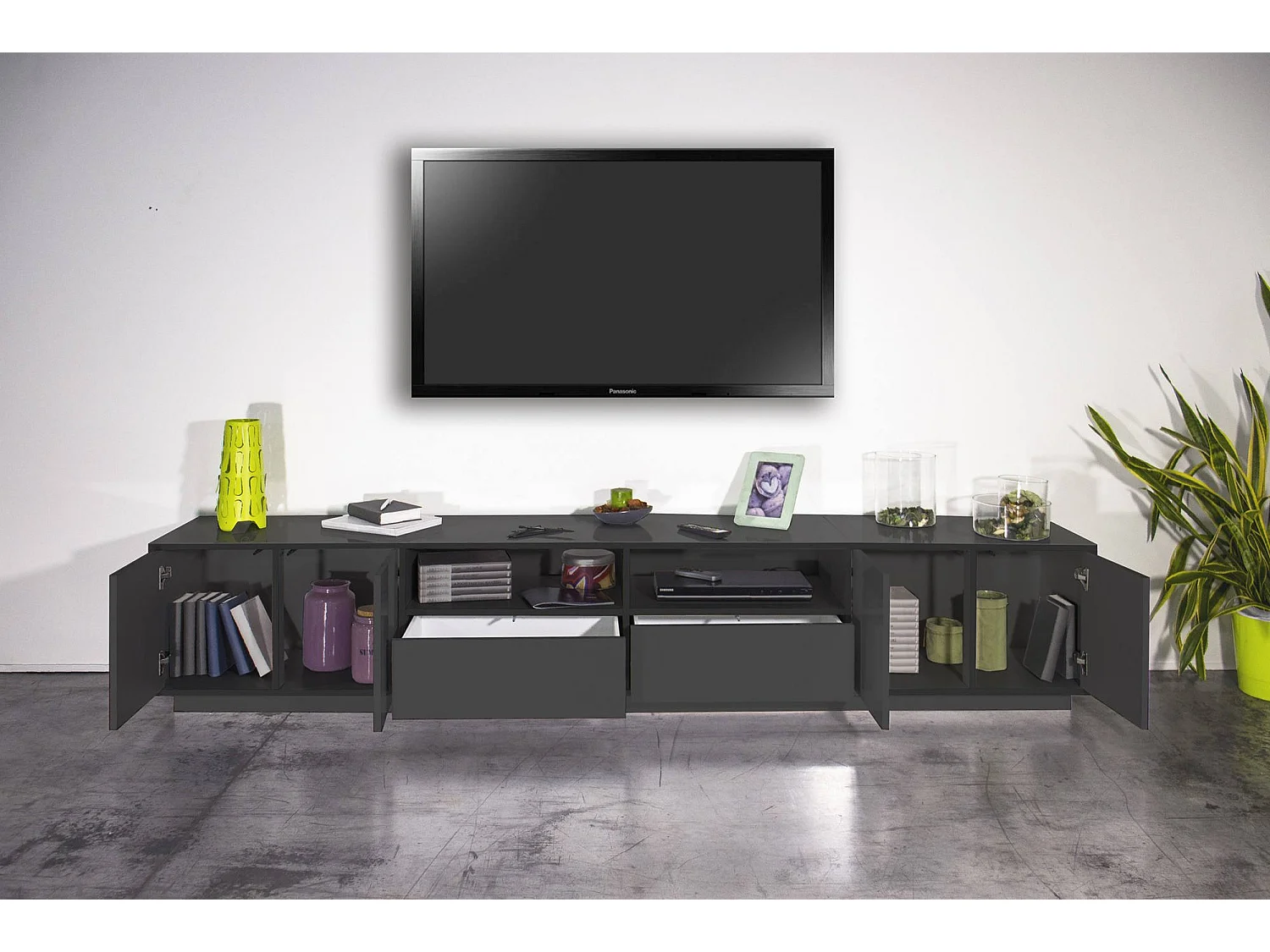 Dleott TV-meubel, Laag woonkamerdressoir, TV-meubelbasis, 100% Made in Italy, 260x41h46 cm, Glanzend antraciet
