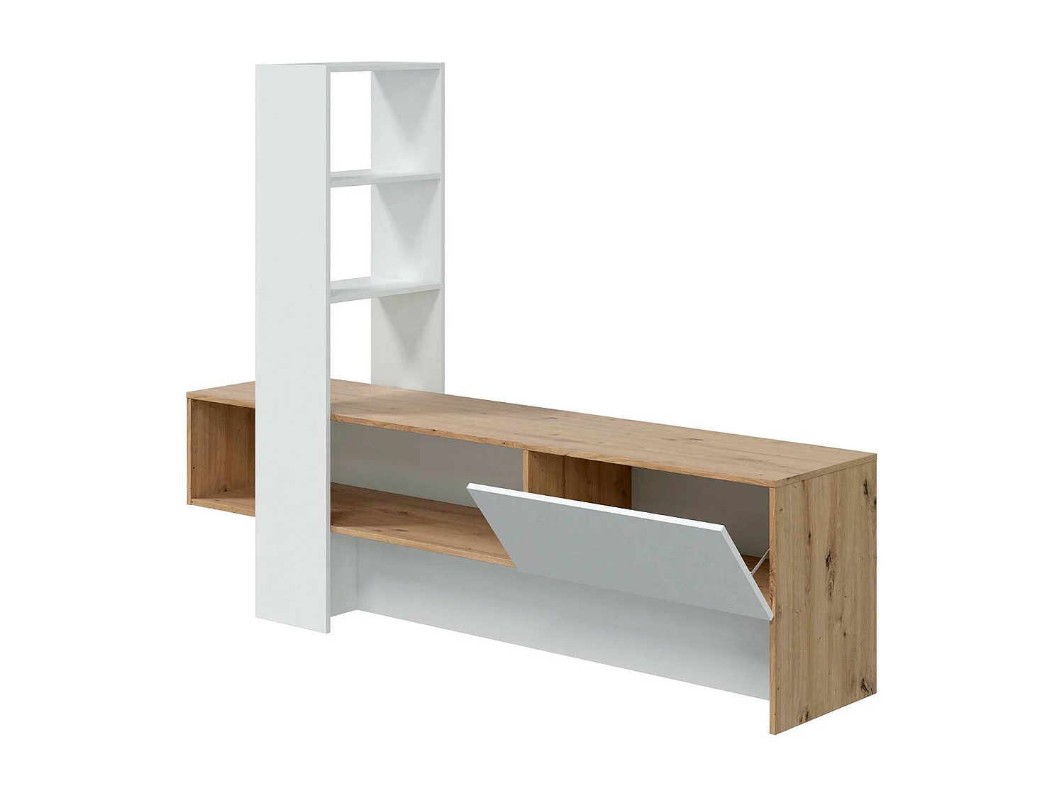 Meuble TV Vernon, Meuble TV avec 1 porte, Meuble de séjour avec bibliothèque avec 3 étagères, 178x43h136 cm, Chêne Noué et Blanc Brillant