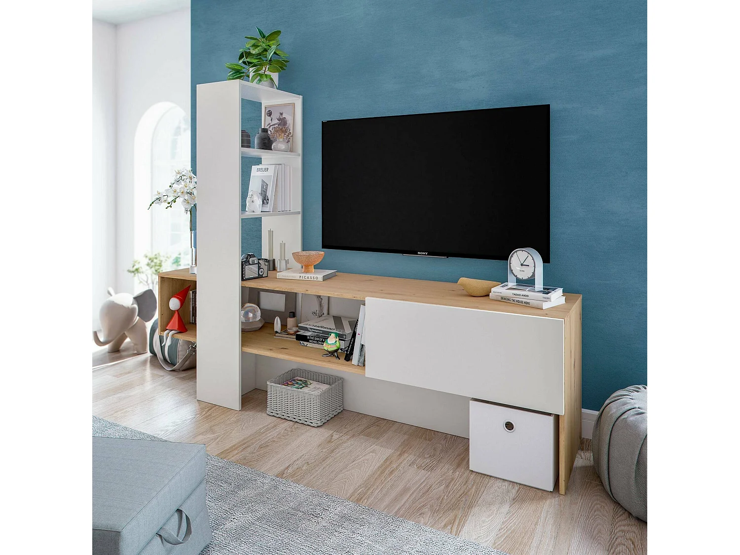 Meuble TV Vernon, Meuble TV avec 1 porte, Meuble de séjour avec bibliothèque avec 3 étagères, 178x43h136 cm, Chêne Noué et Blanc Brillant