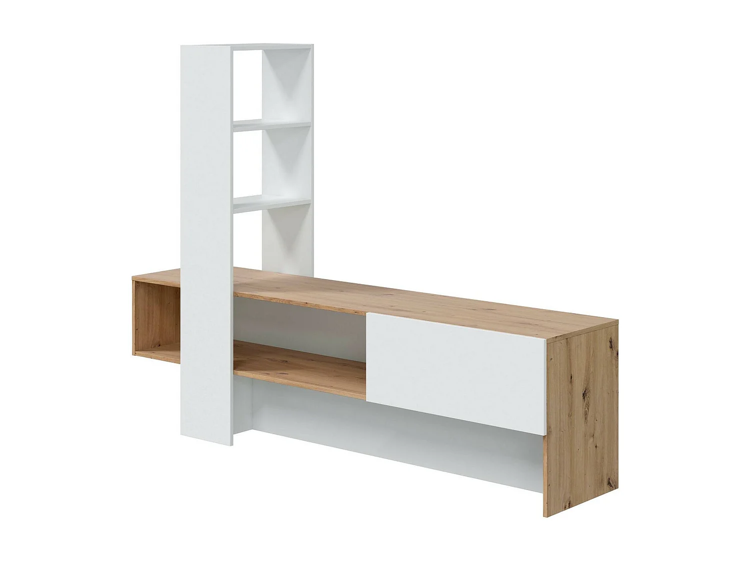 Meuble TV Vernon, Meuble TV avec 1 porte, Meuble de séjour avec bibliothèque avec 3 étagères, 178x43h136 cm, Chêne Noué et Blanc Brillant