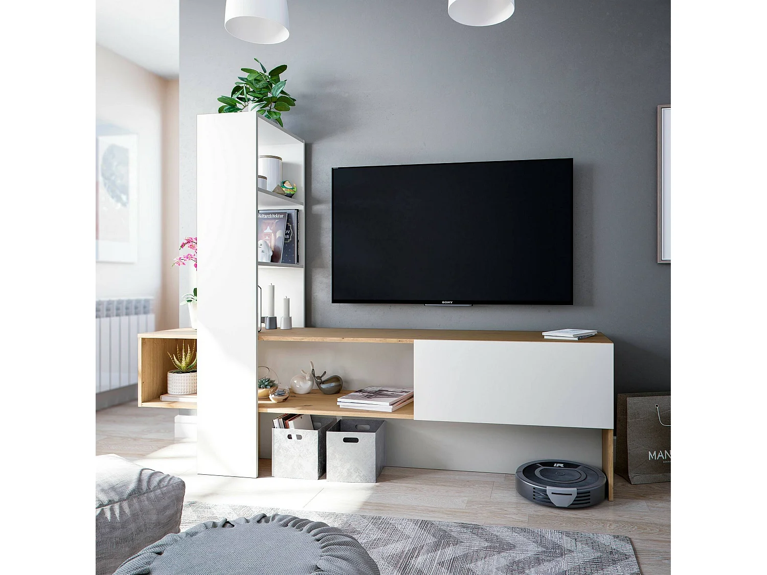 Meuble TV Vernon, Meuble TV avec 1 porte, Meuble de séjour avec bibliothèque avec 3 étagères, 178x43h136 cm, Chêne Noué et Blanc Brillant