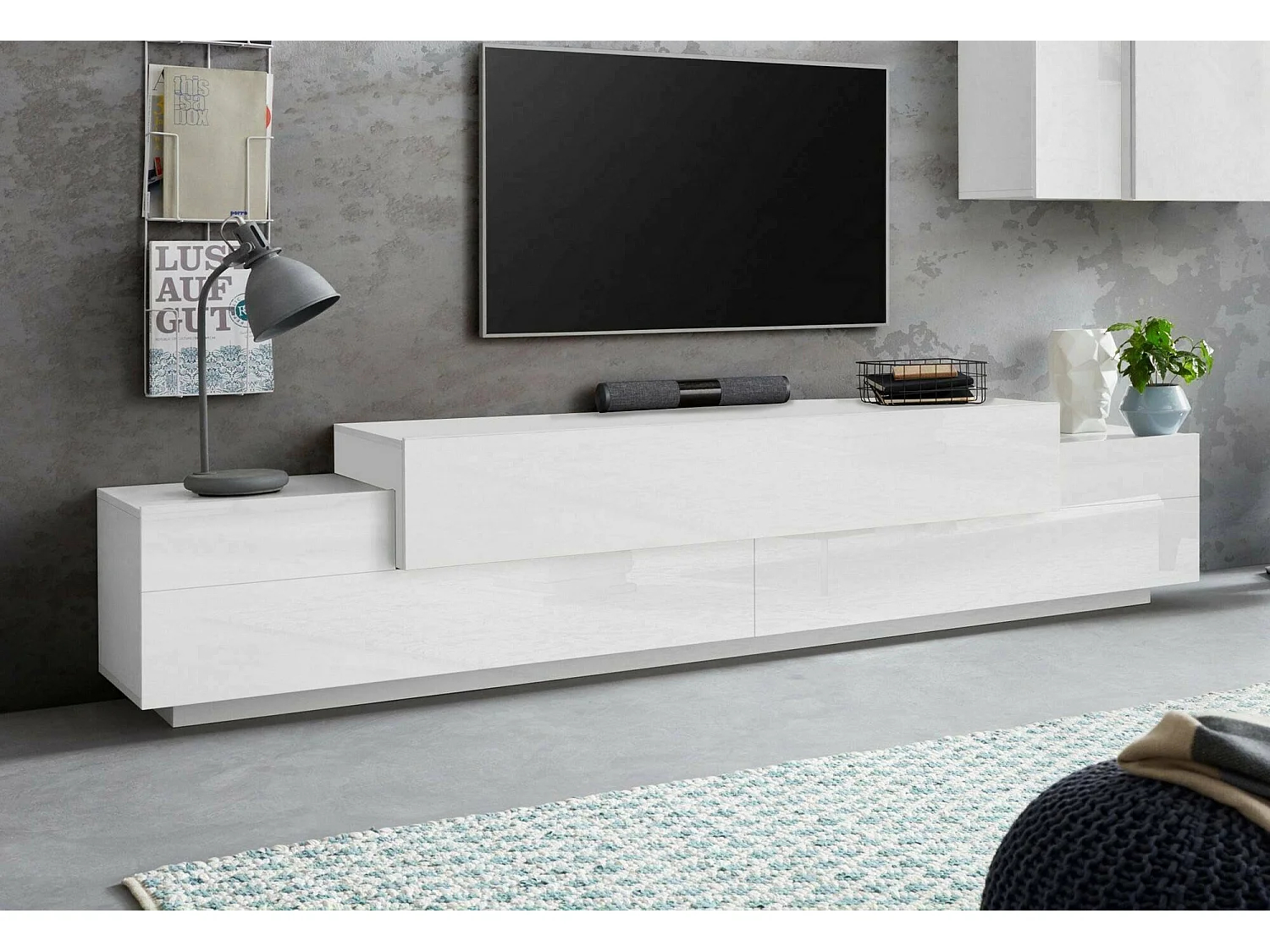 Meuble TV Dlamann, Buffet bas de salon, Base pour meuble TV, 100% Made in Italy, 240x45h52 cm, Blanc brillant