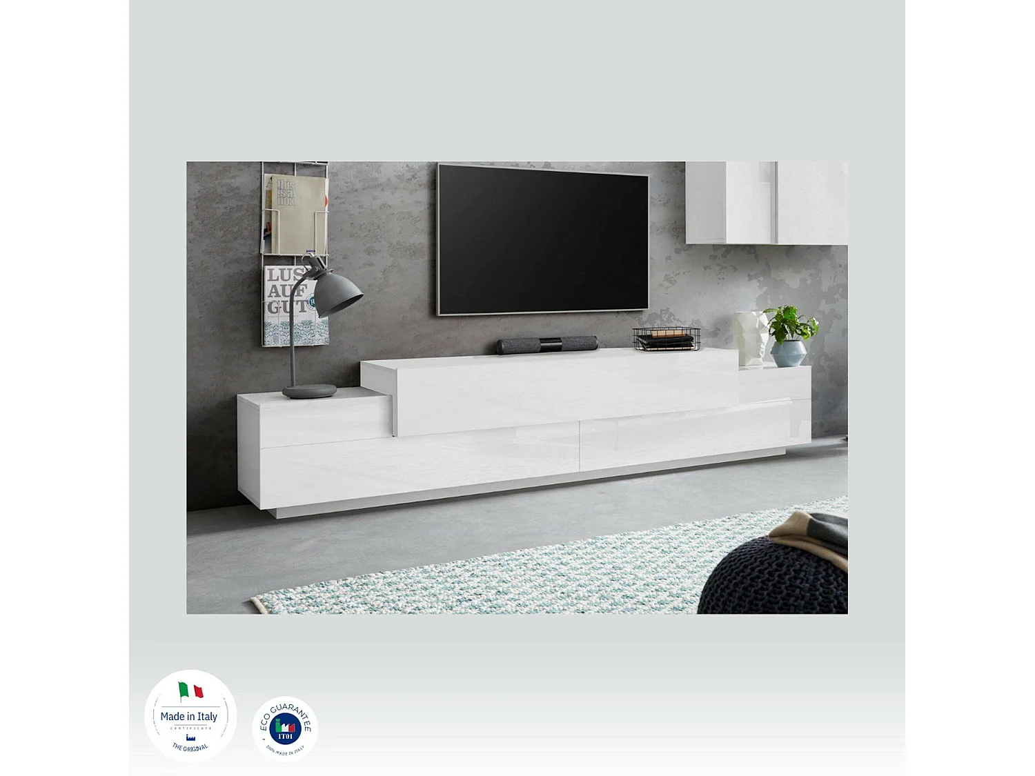 Mueble de televisión Dlamann, Aparador bajo para salón, base soporte TV, 100% Made in Italy, cm 240x45h52, Blanco brillo y mate