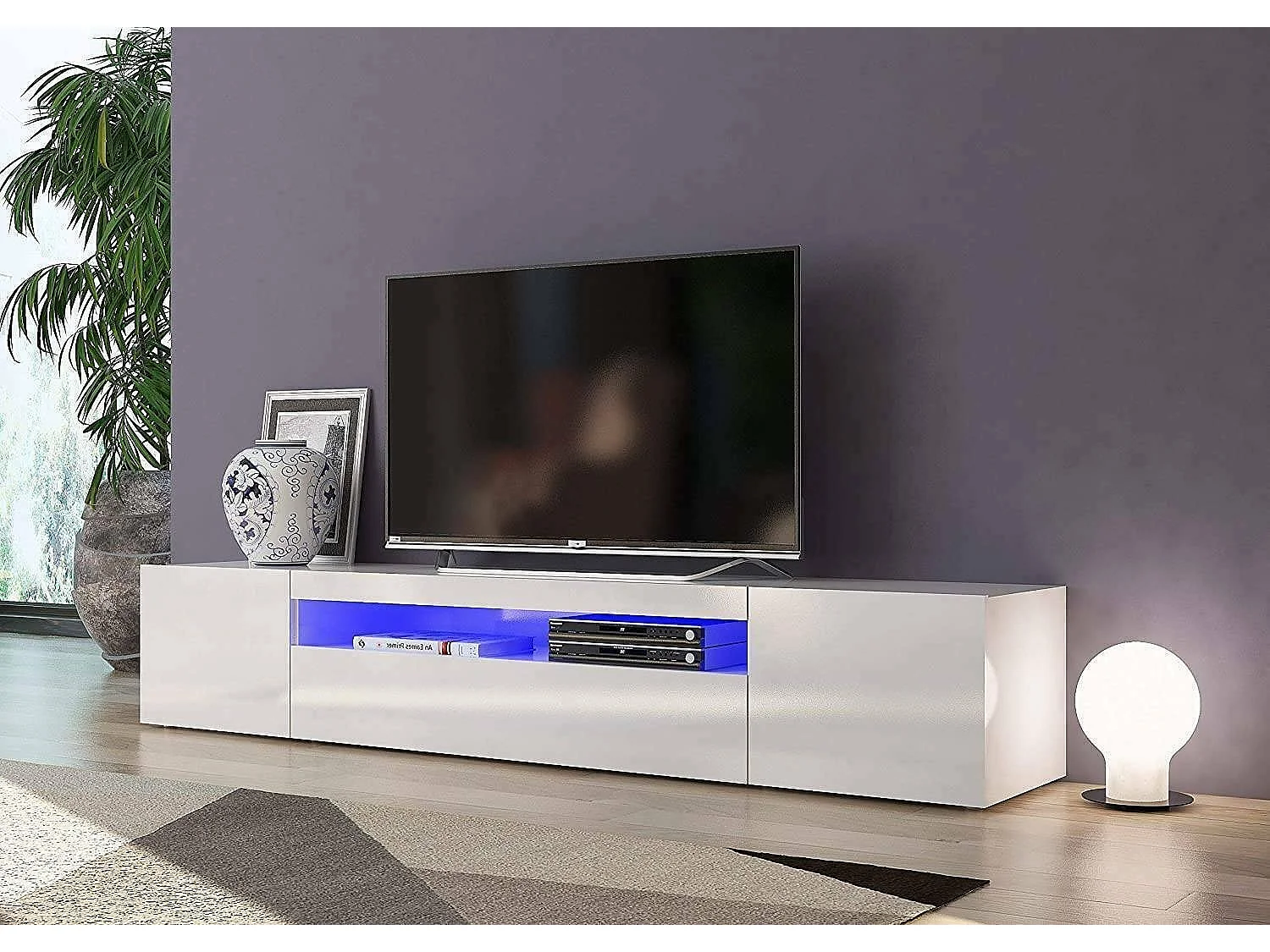 Dafrim TV-meubel, Laag woonkamerdressoir met 3 deuren, TV-meubelbasis, 100% Made in Italy, 200x40h37 cm, Glanzend wit, met LED-licht