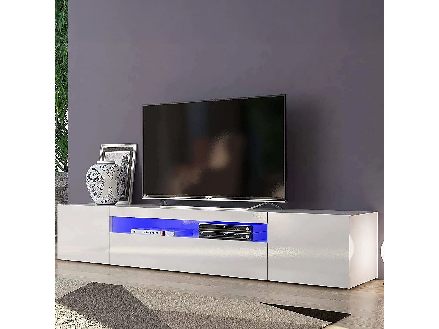 Meuble TV Dafrim, Buffet bas de salon avec 3 portes, Base pour meuble TV, 100% Made in Italy, 200x40h37 cm, Blanc brillant, avec lumière LED