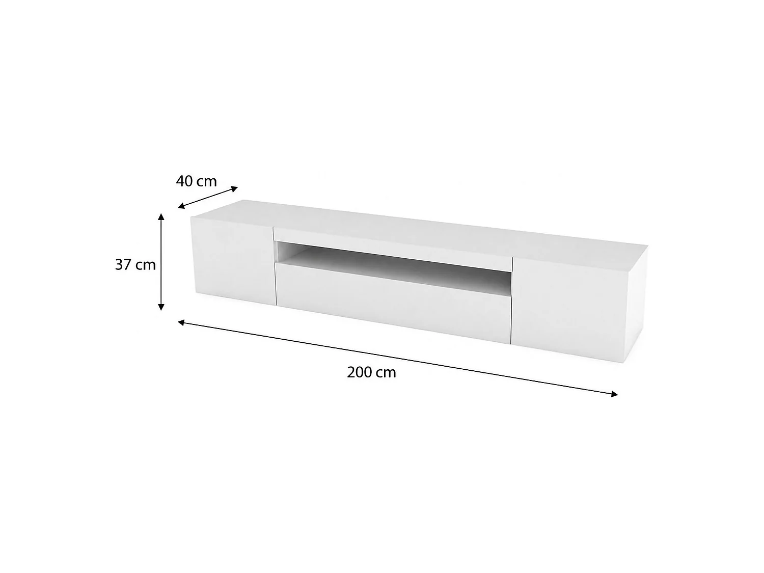 Meuble TV Dafrim, Buffet bas de salon avec 3 portes, Base pour meuble TV, 100% Made in Italy, 200x40h37 cm, Blanc brillant, avec lumière LED