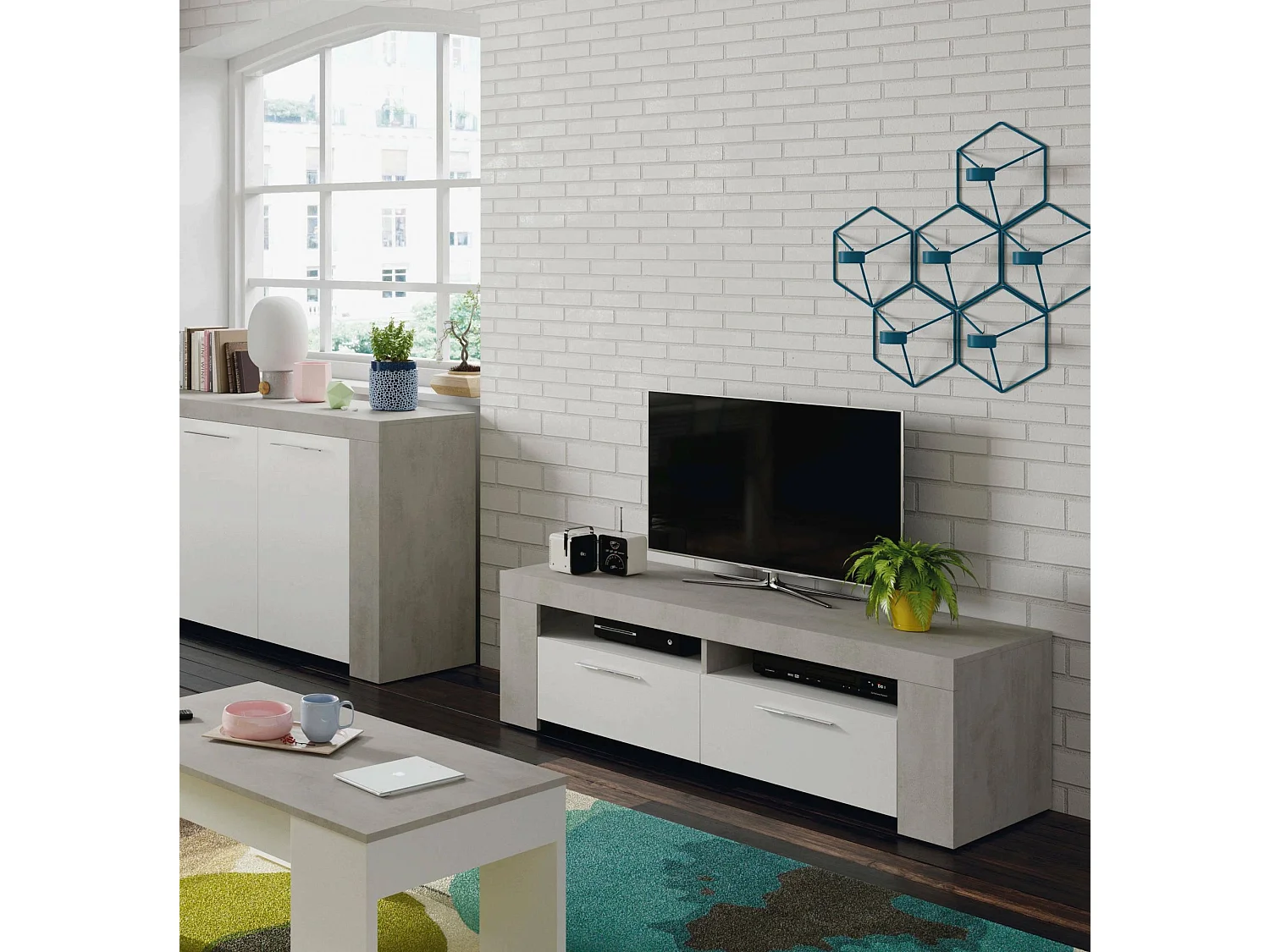 Meuble TV Dmerl, Buffet pour télévision de salon, Meuble TV 2 portes, Buffet bas pour salon, 120x42h40 cm, Blanc et Ciment