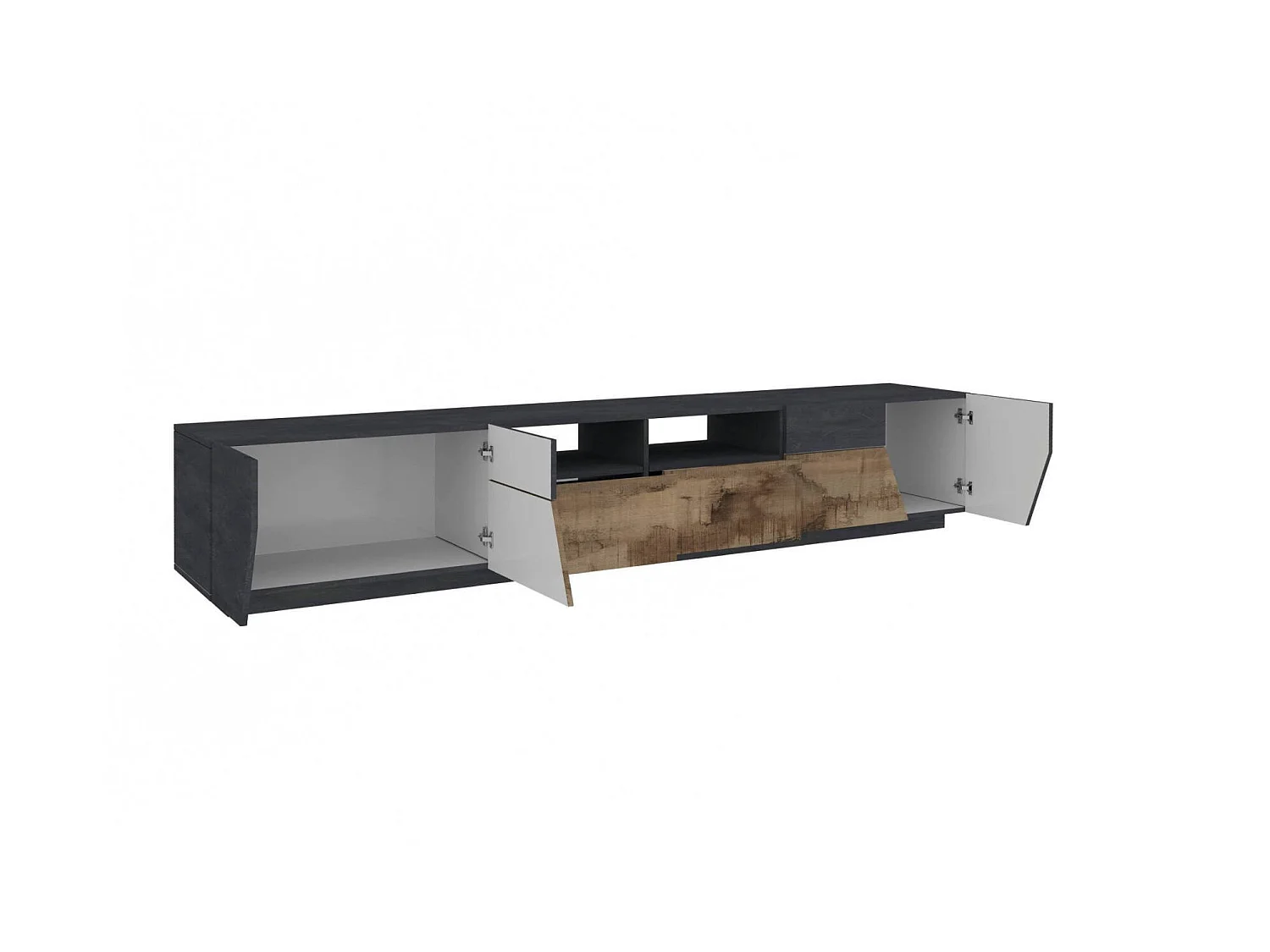 Dfagiol TV-meubel, Laag woonkamerdressoir met 4 deuren, TV-meubelbasis, 100% Made in Italy, 260x43h46 cm, Leisteen en esdoorn