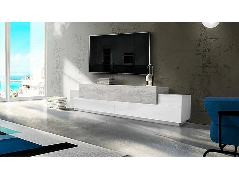 Mueble de televisión Dlamann, Aparador bajo para salón, base soporte TV, 100% Made in Italy, cm 240x45h52, Blanco brillo y Cemento