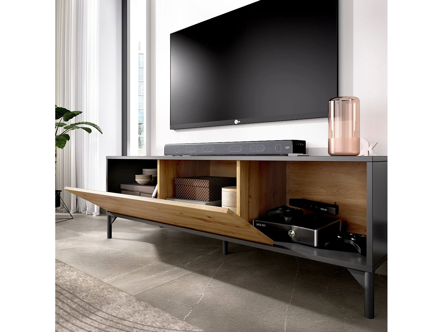 Olimpo TV-meubel, Laag woonkamerdressoir, Woonkamerdressoir voor televisie, 132x39h44 cm, Nodi Eiken en Antraciet